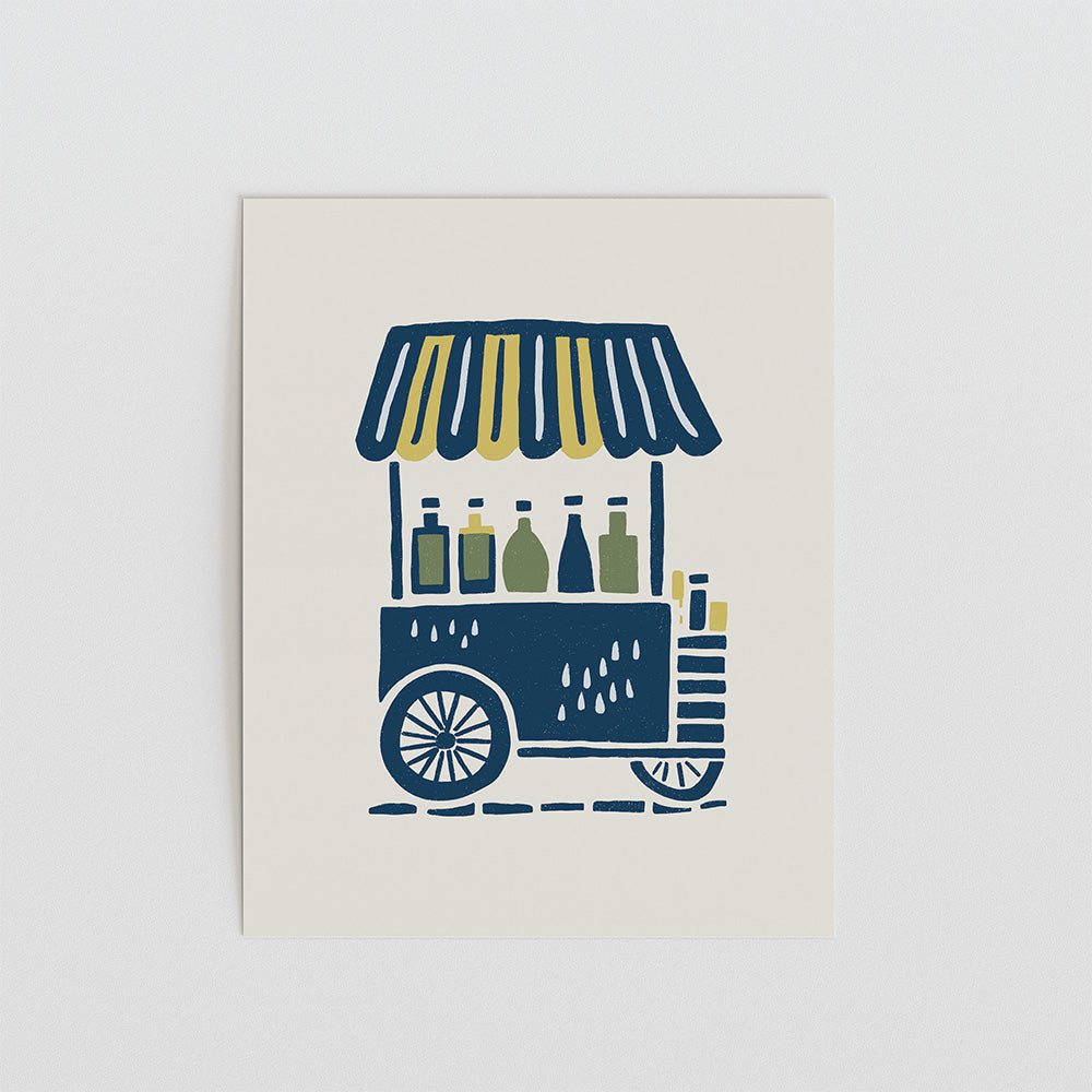 A simple illustration of a cart or cart-like structure with awning, featuring various bottles or containers on its surface.