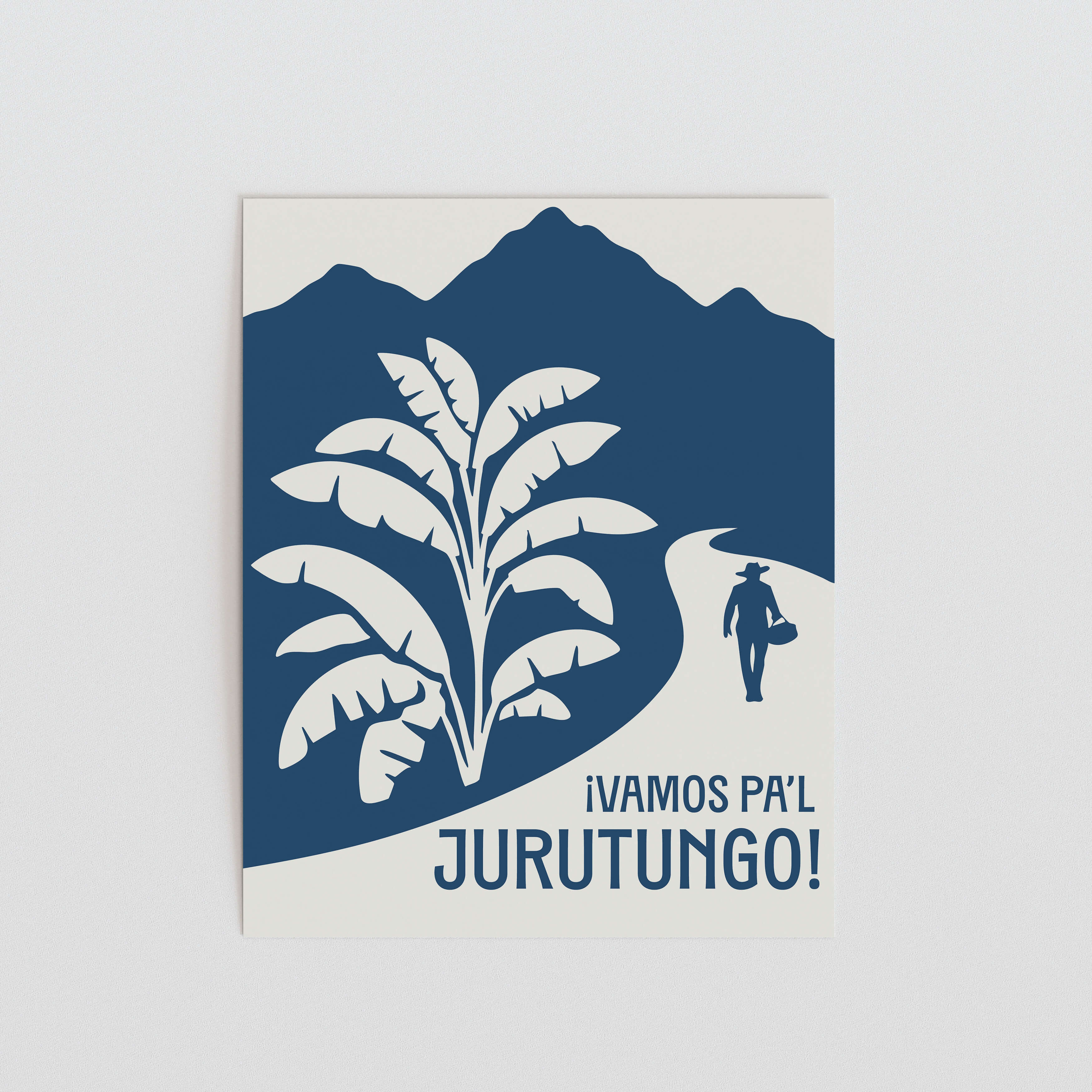 a stylized illustration of a palm tree with a person walking beside it, set against a mountainous landscape.