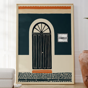 Personalized teal block print arched door art print, Puerto Rico