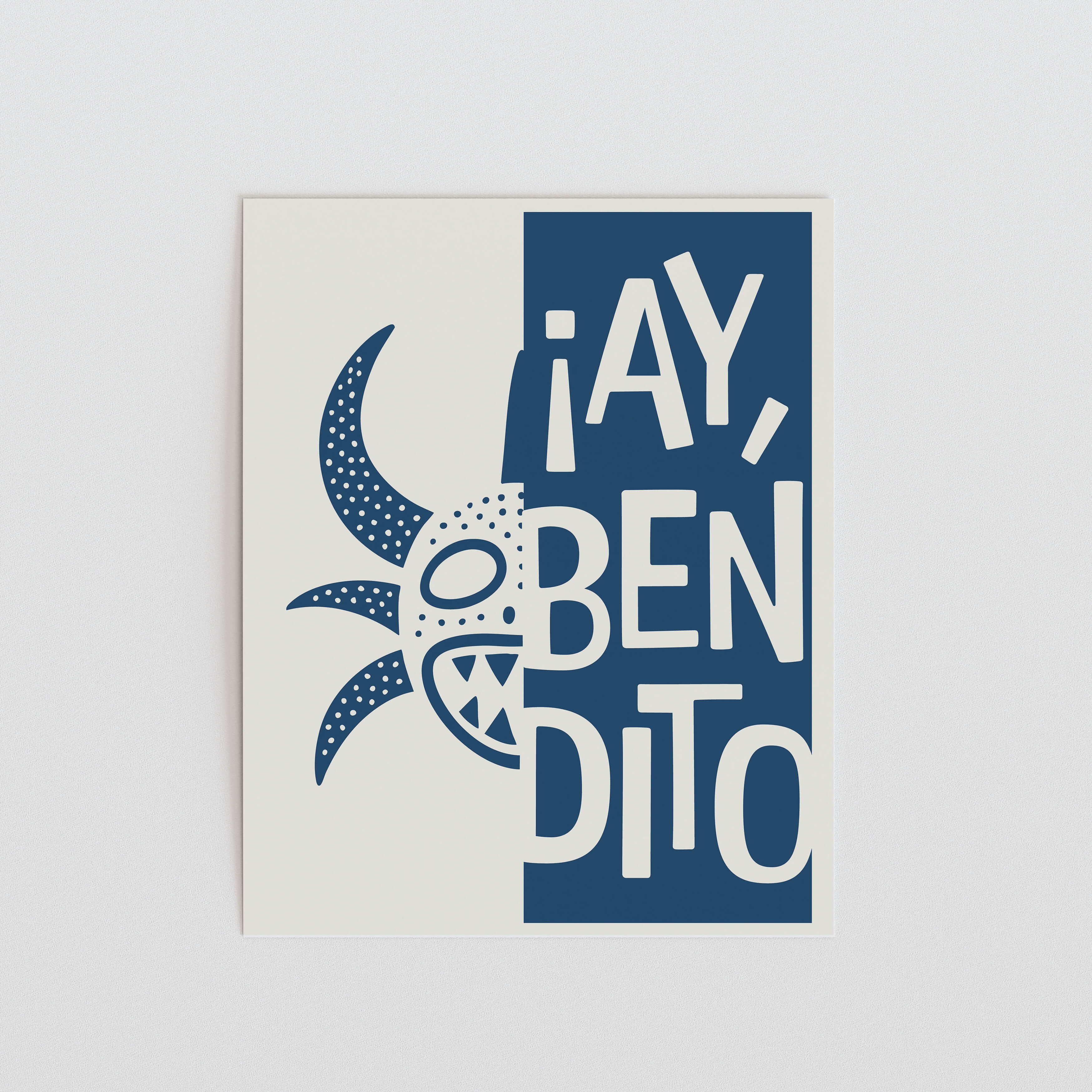 a stylized text design with a blue background and a white silhouette of a face with horns and a mouth.