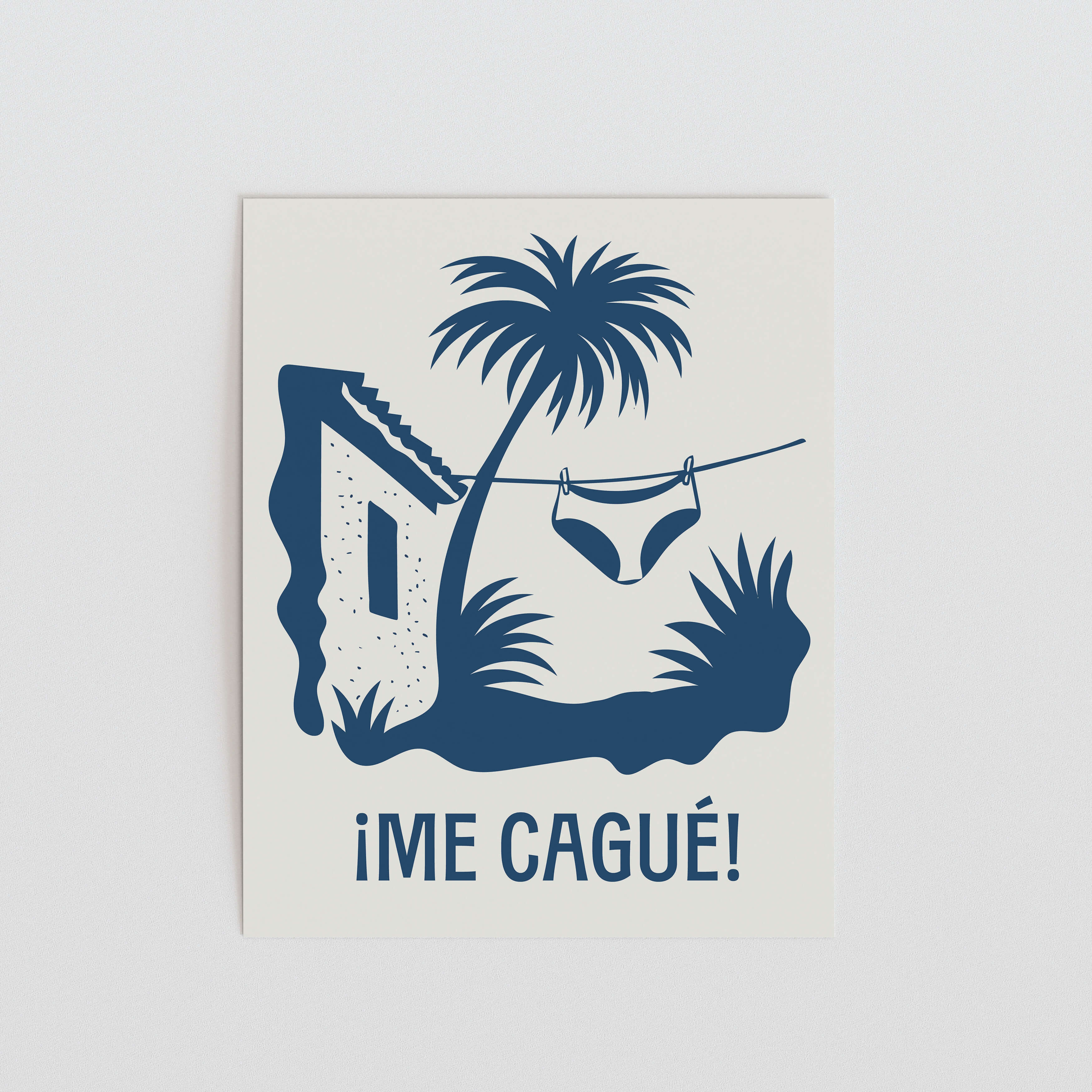 a tropical scene with a palm tree, a house, and a pair of underwear hanging on a line.