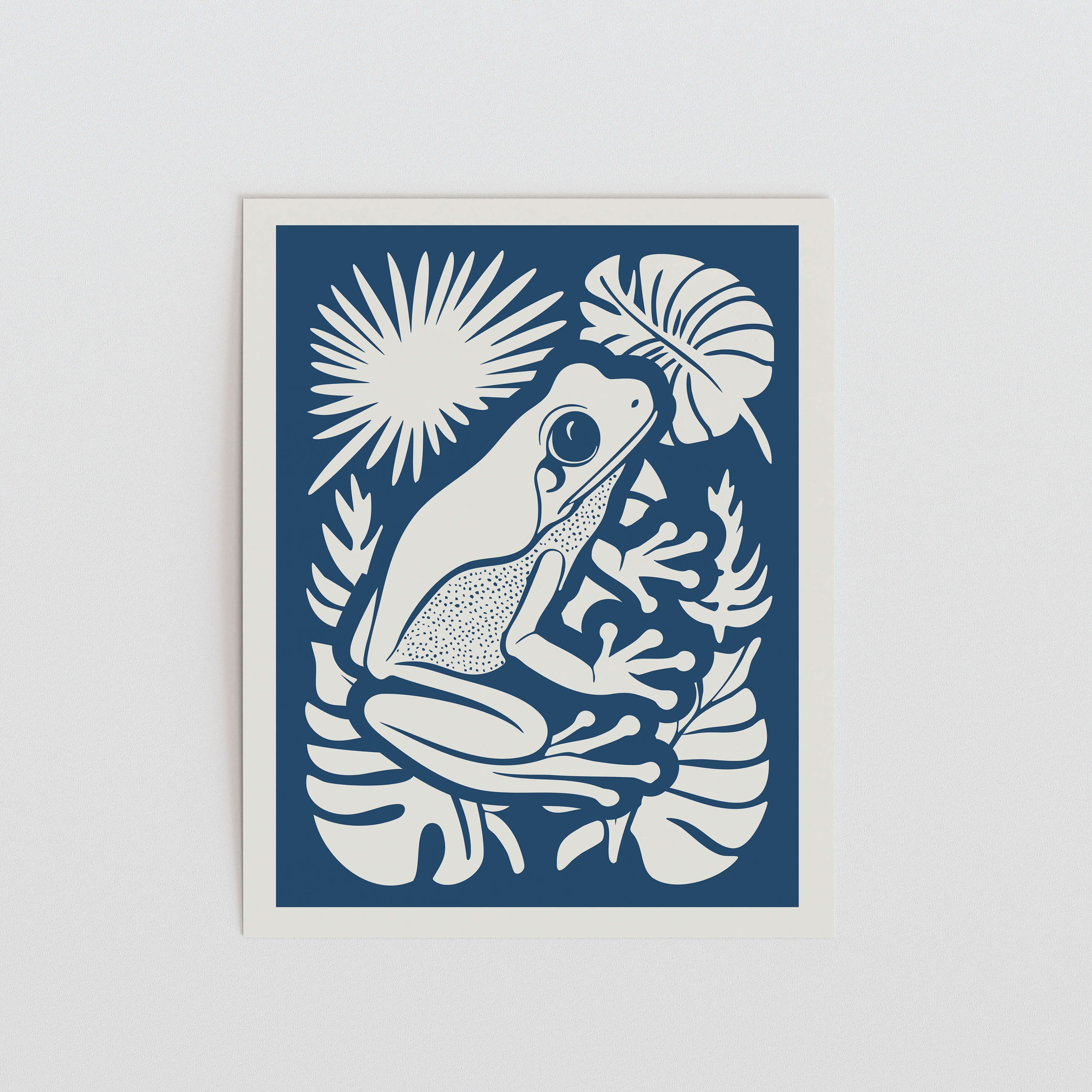 A blue and white illustration depicting a frog sitting on a leaf, surrounded by tropical plants and a sunburst.