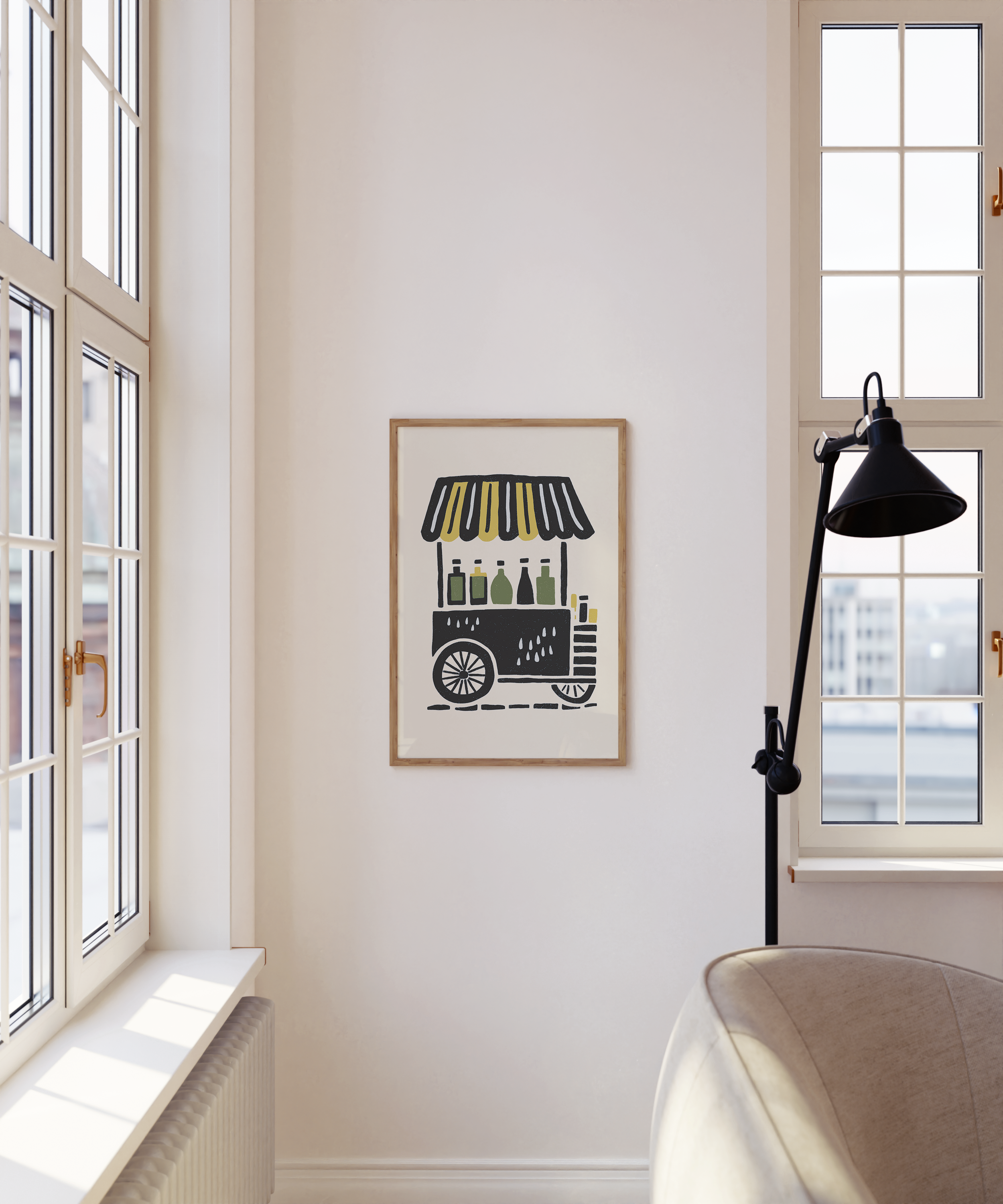 a minimalist living room with a large window, a black floor lamp, and a framed artwork depicting a street vendor selling various items.