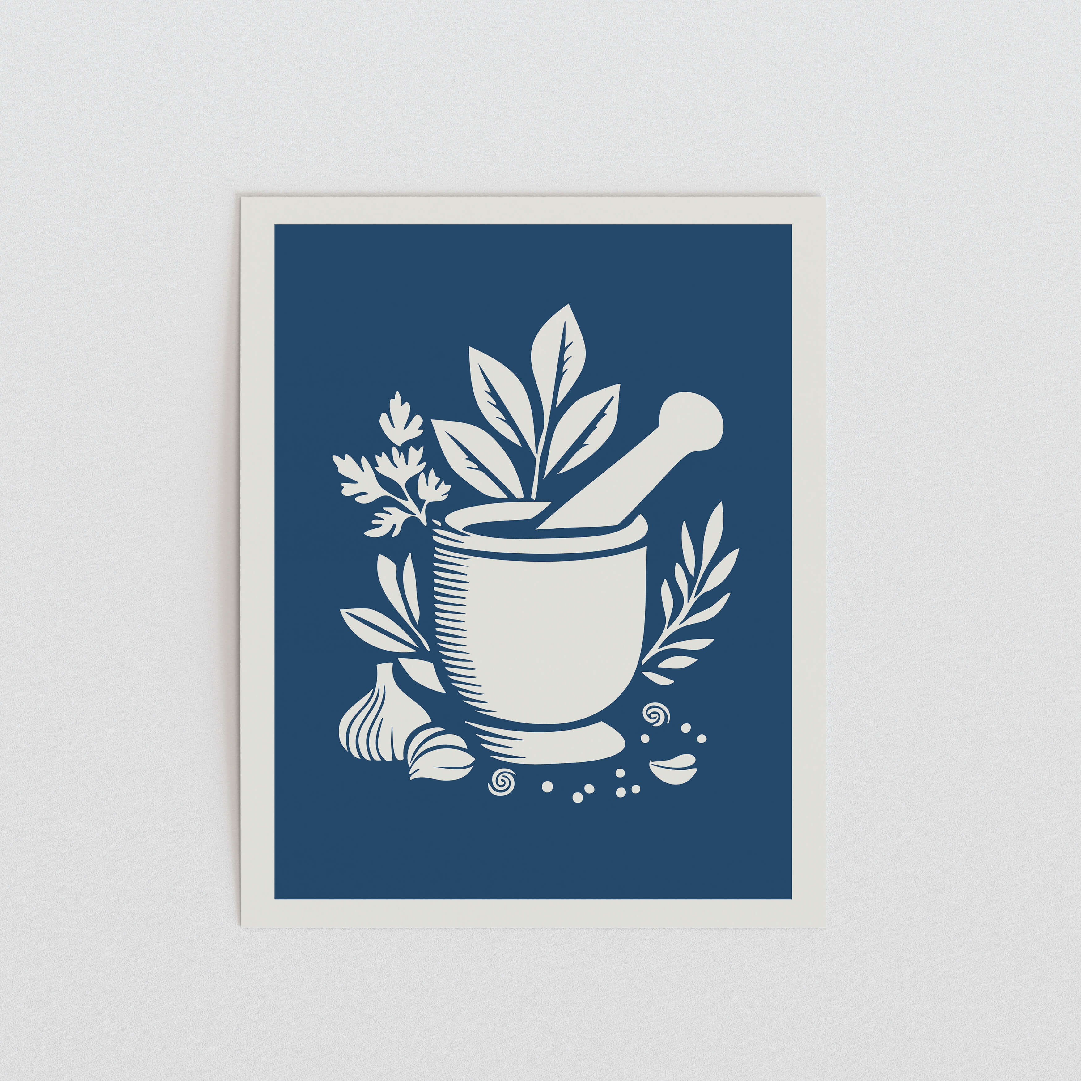 A blue and white illustration depicting a mortar and pestle surrounded by herbs and spices.