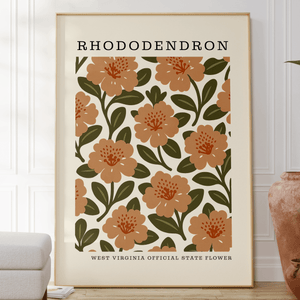 a framed poster of a floral pattern with the text "RHODENDRON" at the top.