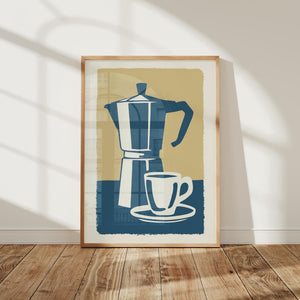 Blue Moka Pot and Cup Print, Minimal Kitchen Wall Art - The FlatFile Society