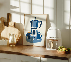 Blue Moka Pot Art Print, Minimal Coffee Kitchen Decor - The FlatFile Society