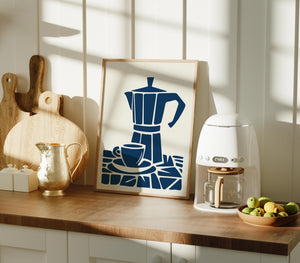 Blue Stovetop Espresso Maker Print, Italian Coffee Wall Art - The FlatFile Society