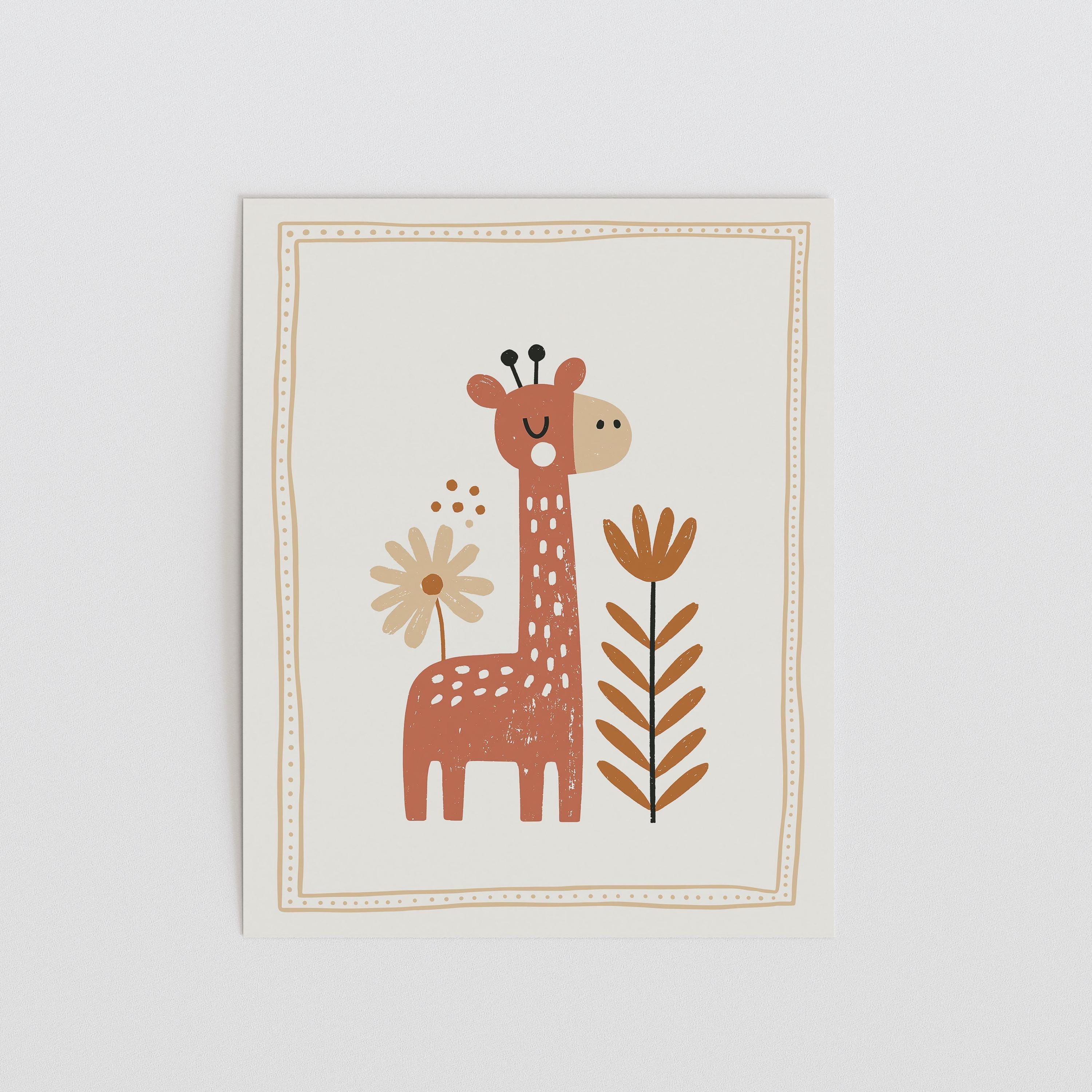 Boho Giraffe with Wildflowers Nursery Print