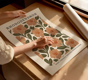 A person's hands are holding a poster with a floral pattern, and the poster is placed on a wooden surface.