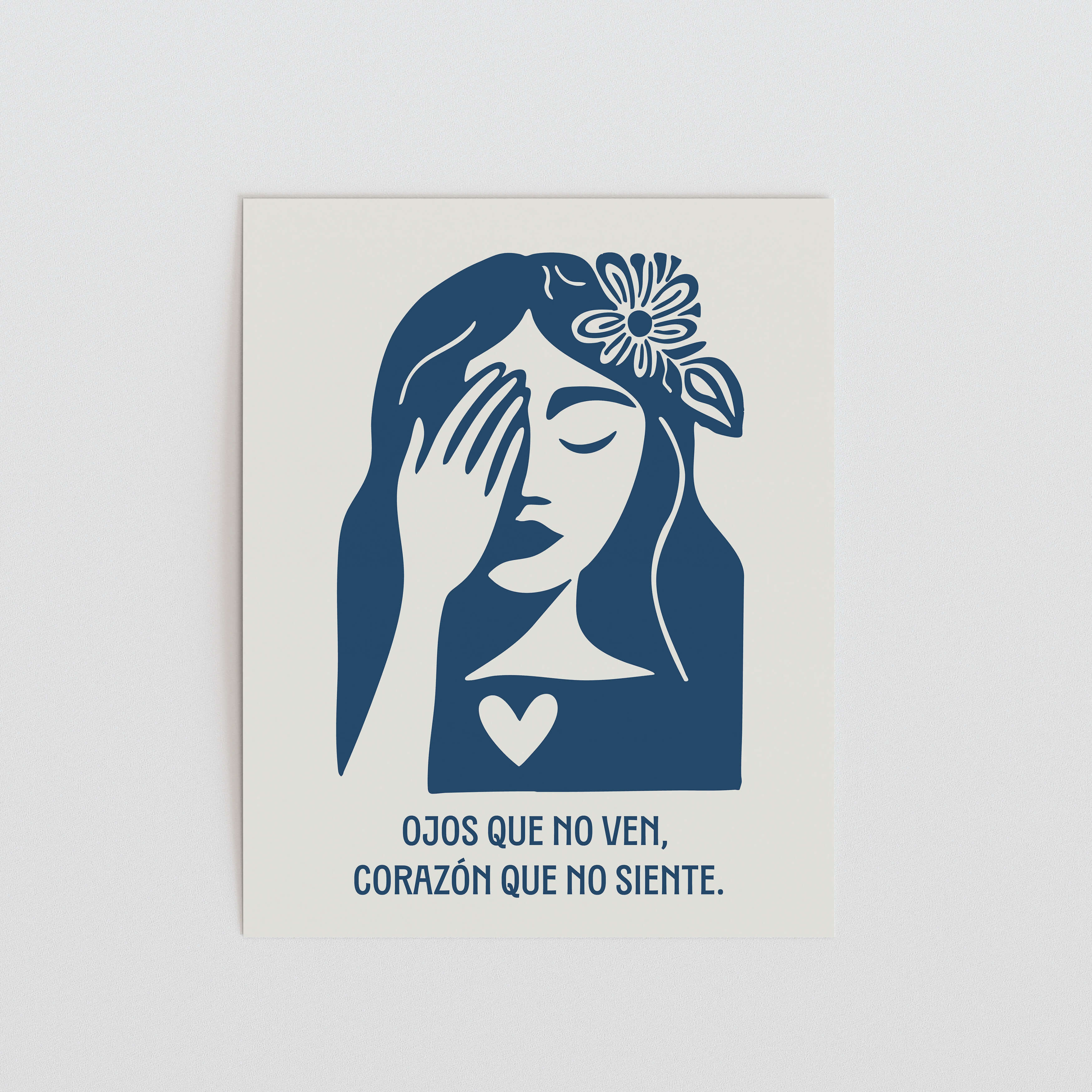 a stylized illustration of a woman with her hand covering her eyes, accompanied by the text "Ojos que no ven, corazón que no siente."