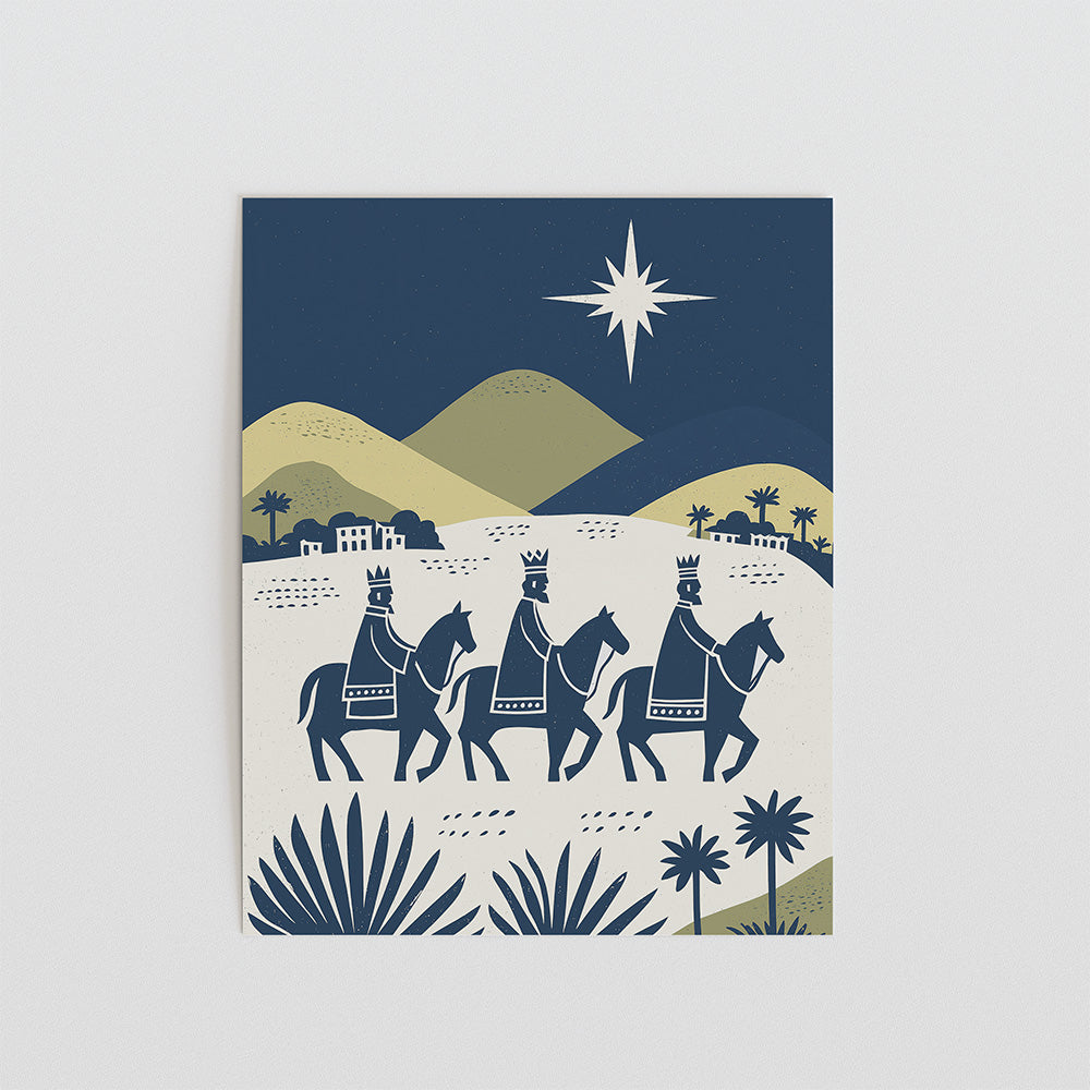 three wise men riding on horses, with a star in the sky above them.