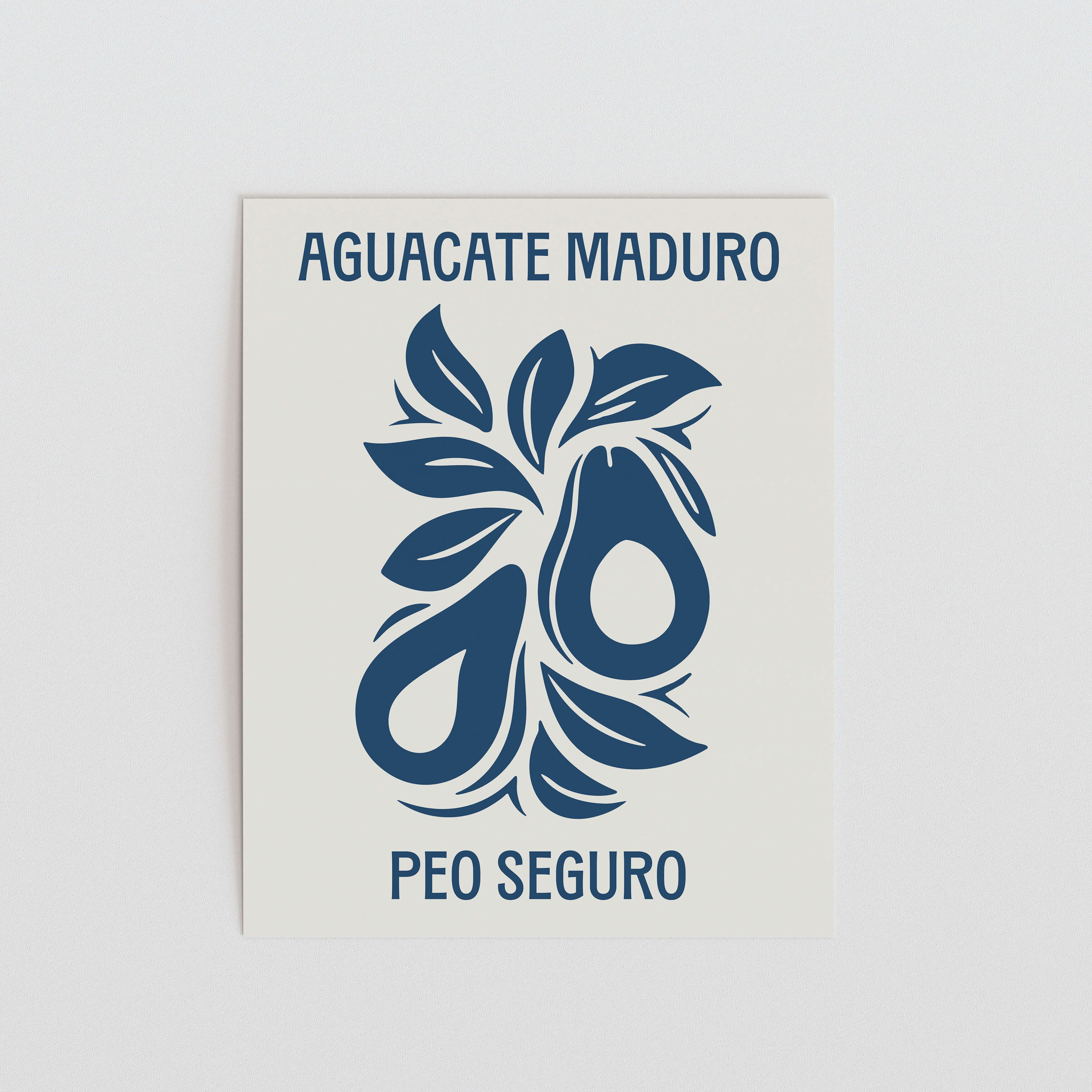 a graphic design with a stylized avocado and leaves, accompanied by the text "Aguacate Maduro Peo Seguro".