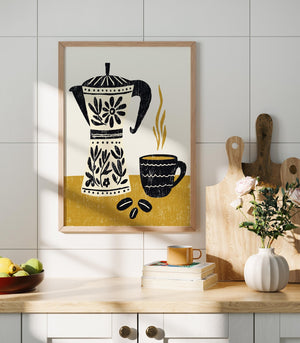 Folk Coffee Pot Art Print, Retro Kitchen Wall Decor - The FlatFile Society