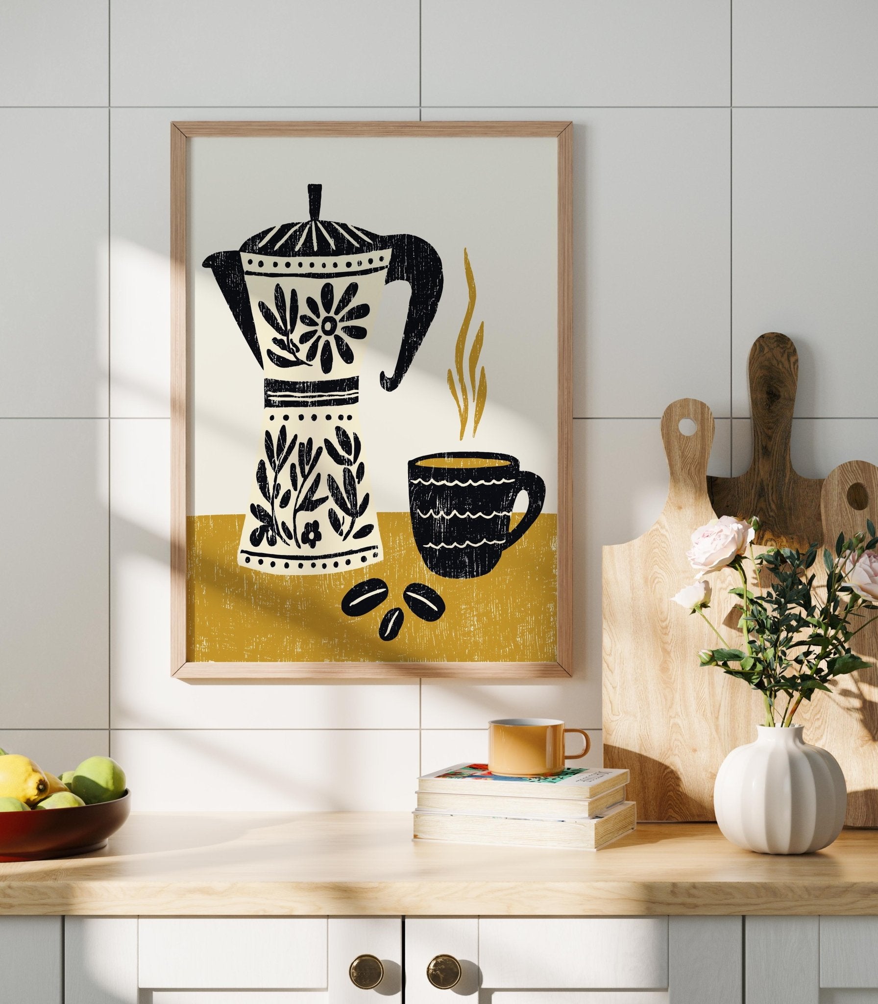 Folk Coffee Pot Art Print, Retro Kitchen Wall Decor - The FlatFile Society