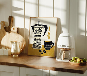 Folk Coffee Pot Art Print, Retro Kitchen Wall Decor - The FlatFile Society