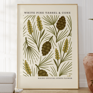 Maine State Flower Art Print – White Pine Cone and Tassel - The FlatFile Society