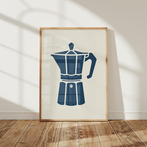 Minimal Moka Pot Art Print, Blue Coffee Kitchen Decor - The FlatFile Society