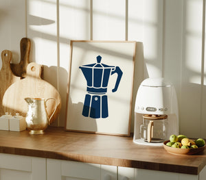 Minimal Moka Pot Art Print, Blue Coffee Kitchen Decor - The FlatFile Society