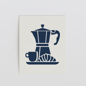 Moka Pot and Croissant Art Print, Coffee Bar Wall Decor - The FlatFile Society