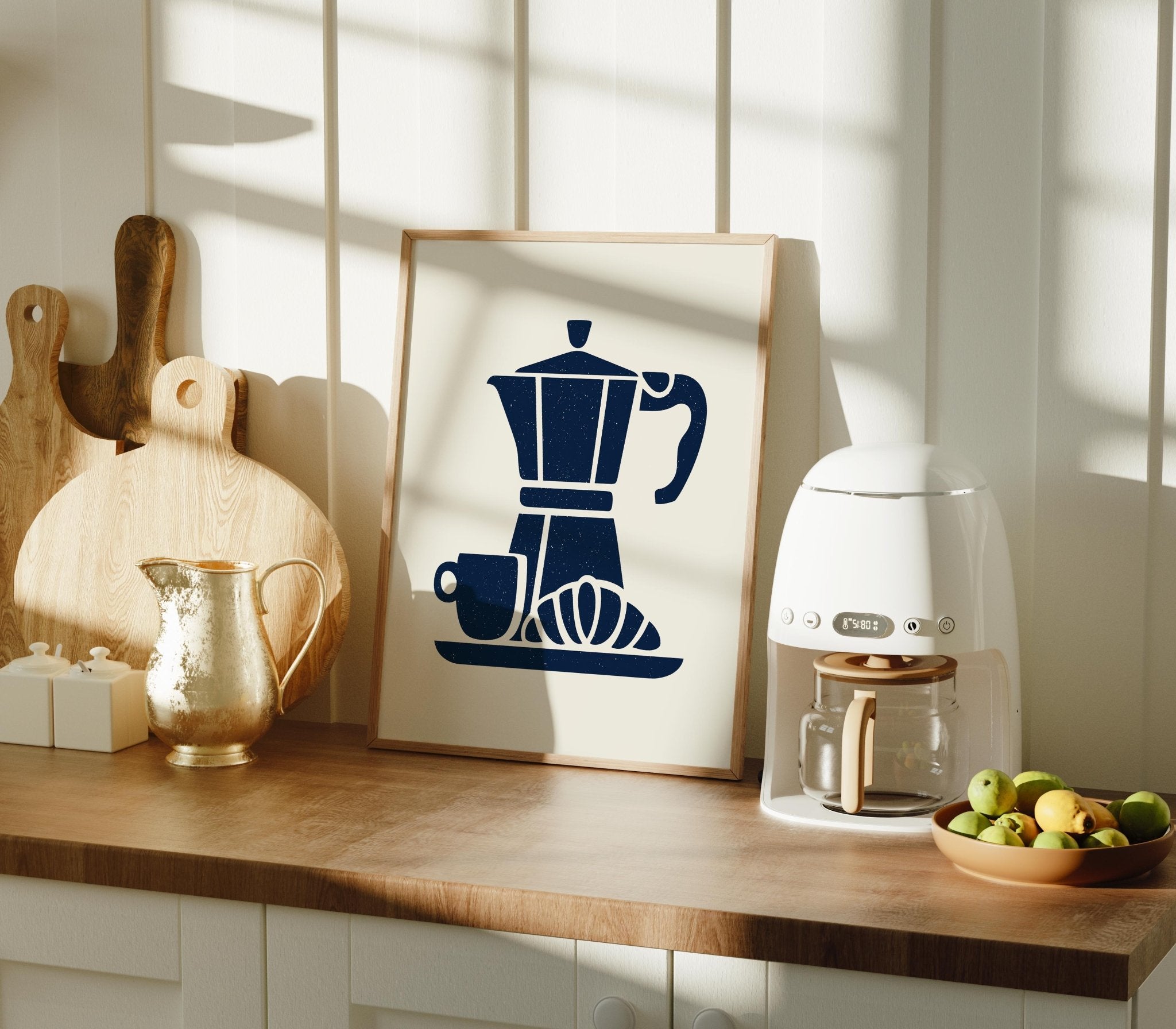 Moka Pot and Croissant Art Print, Coffee Bar Wall Decor - The FlatFile Society