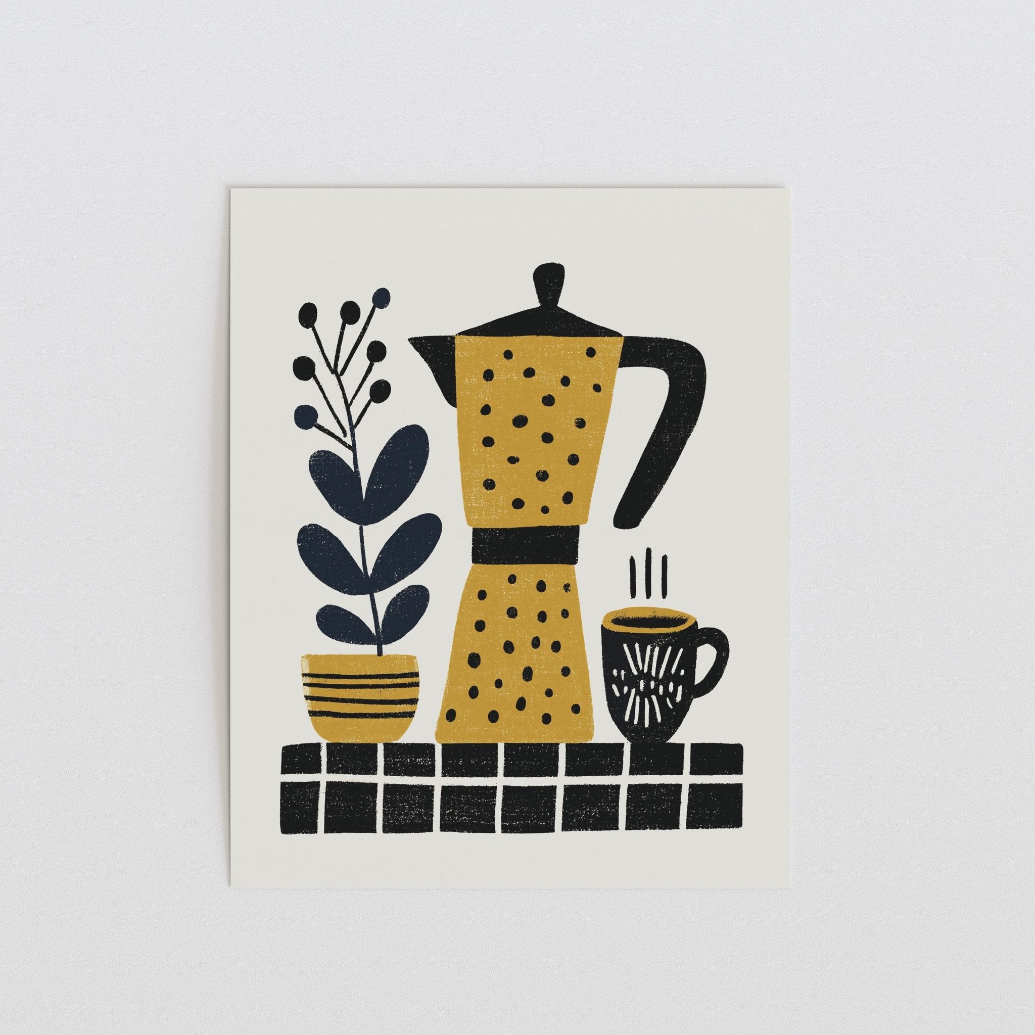 Mustard Coffee Pot Art Print, Folk Kitchen Wall Decor - The FlatFile Society