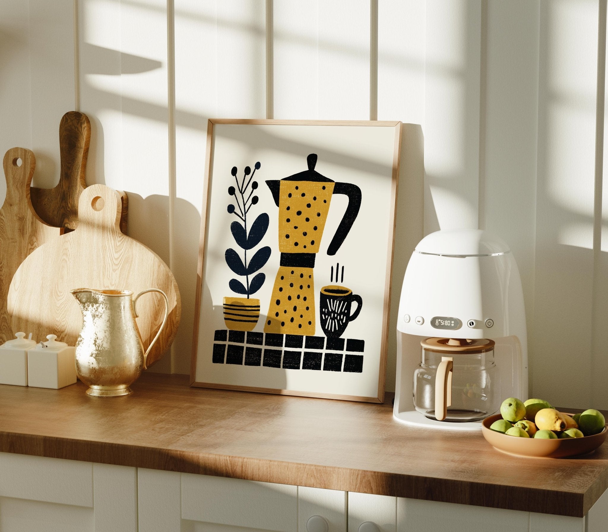 Mustard Coffee Pot Art Print, Folk Kitchen Wall Decor - The FlatFile Society