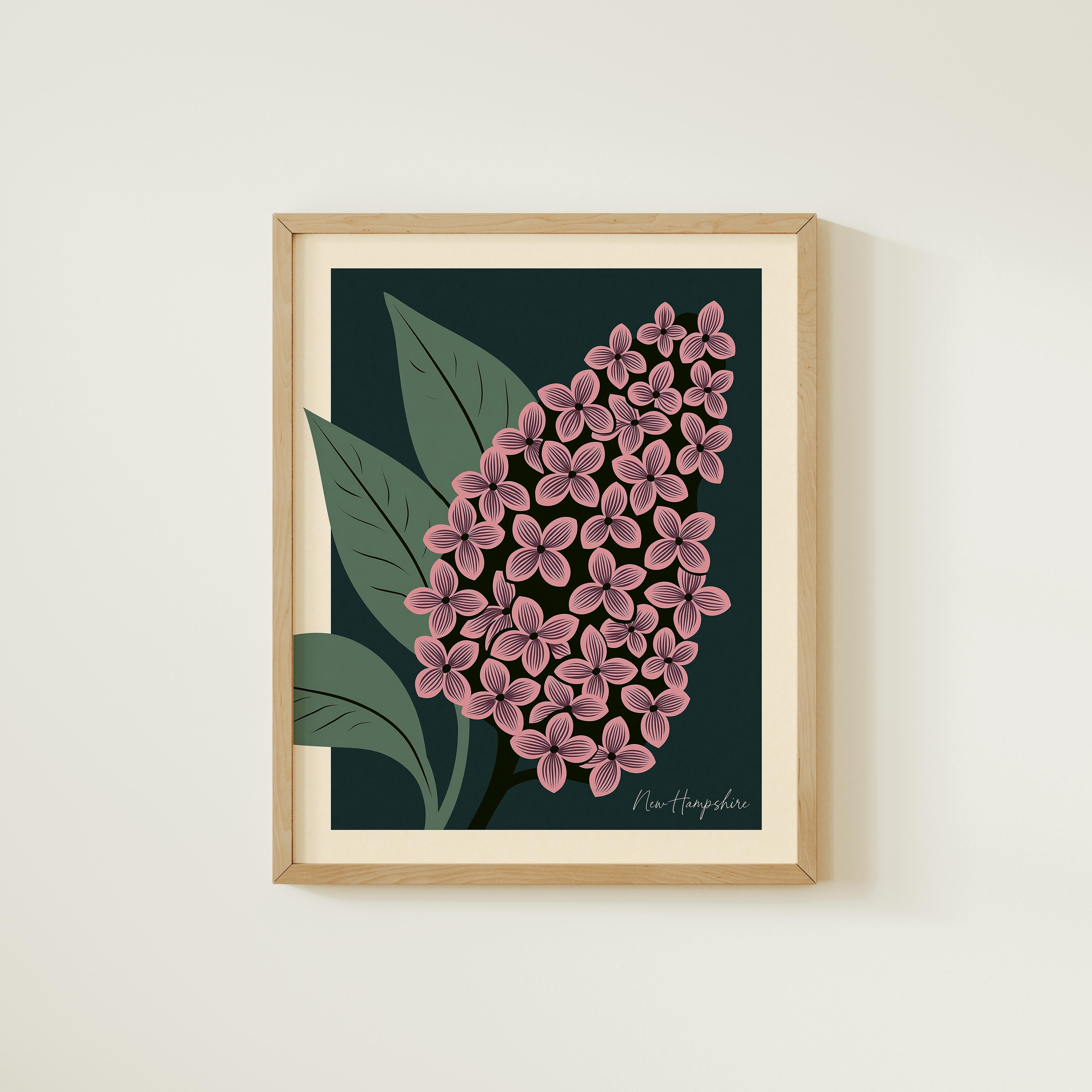 The image is a framed print depicting a close-up of a cluster of pink flowers with green leaves.