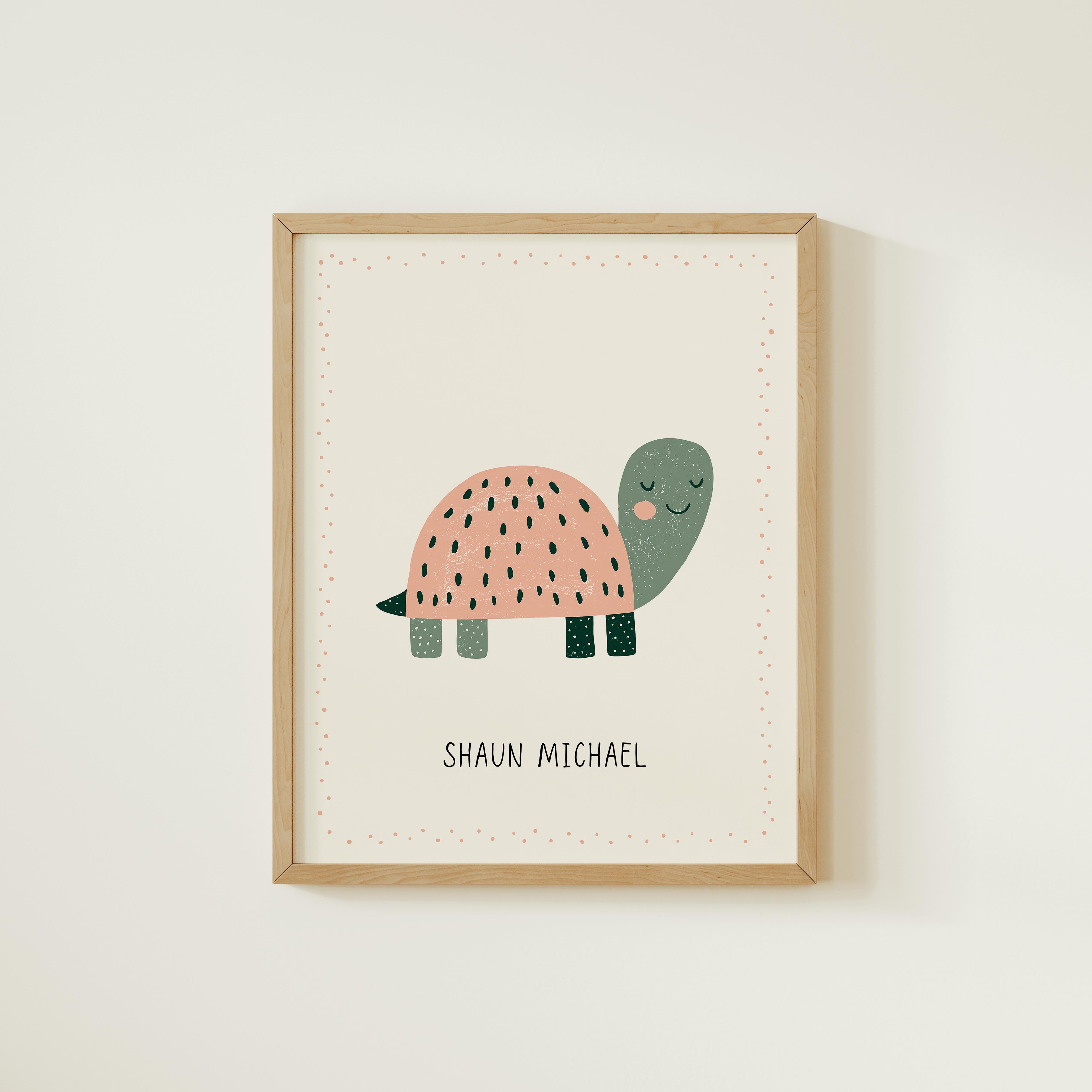 A framed illustration of a cartoon turtle with a name tag.