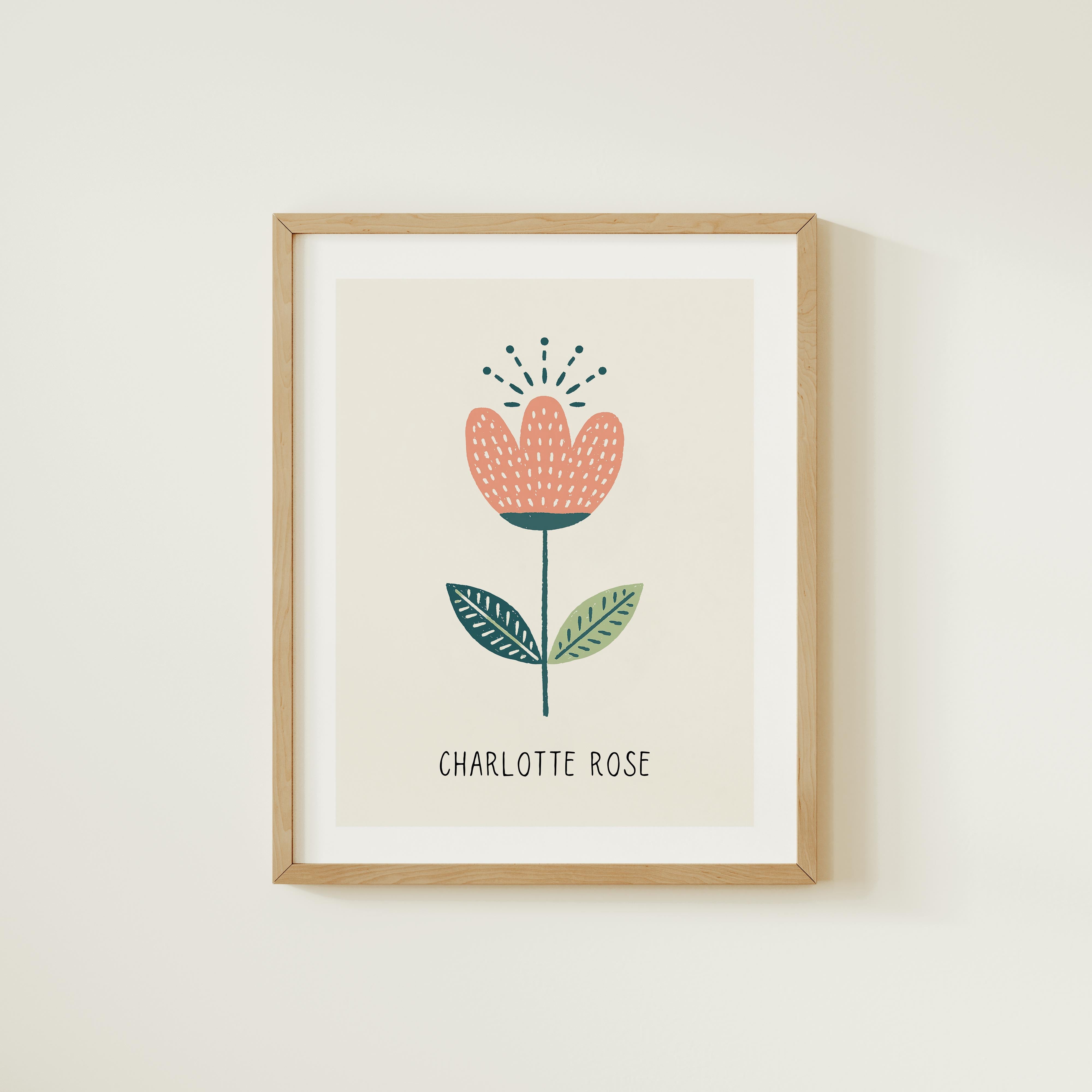 The image is a framed print featuring a stylized illustration of a flower with a name below it.