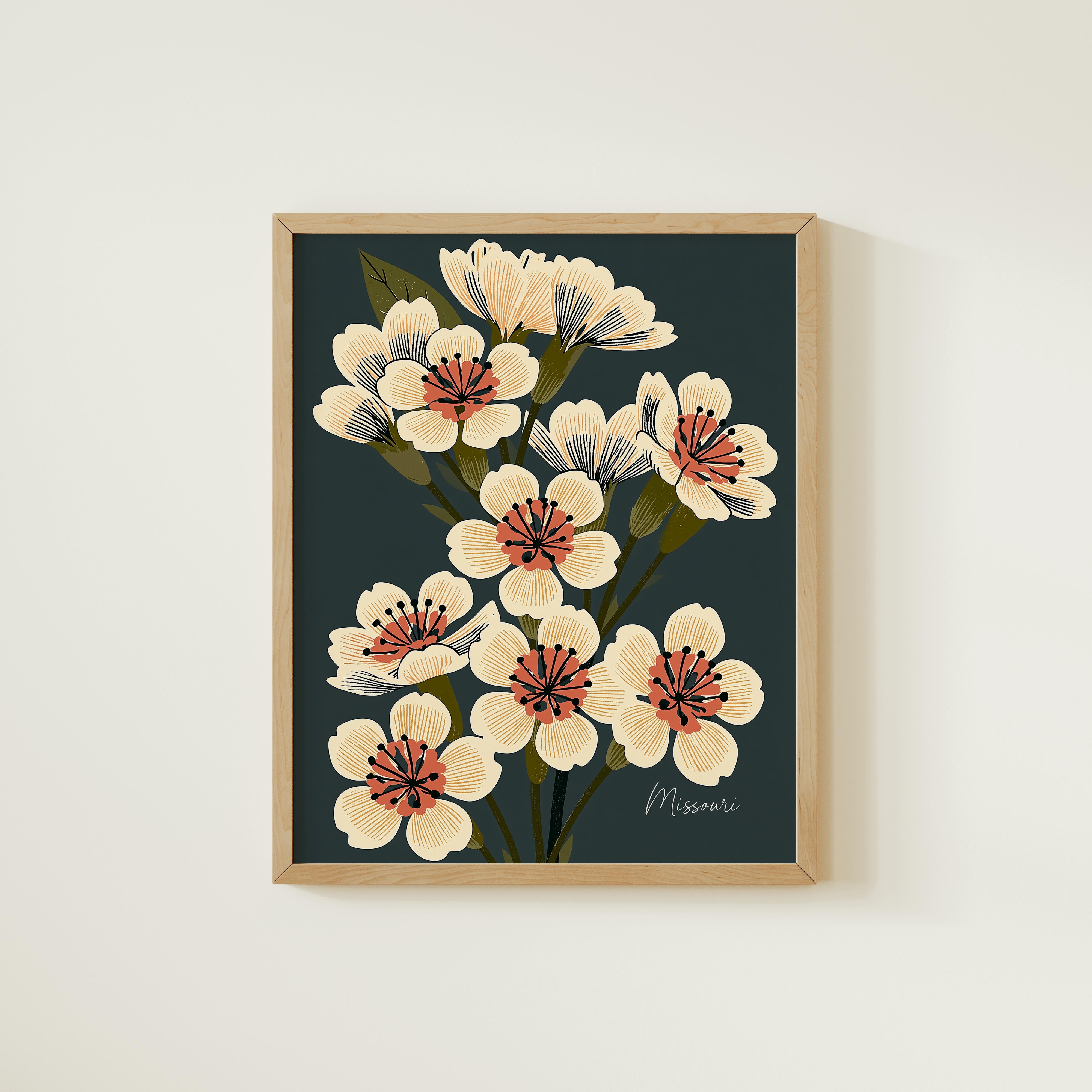 The image is a framed print featuring a floral design with white and orange flowers against a dark green background.