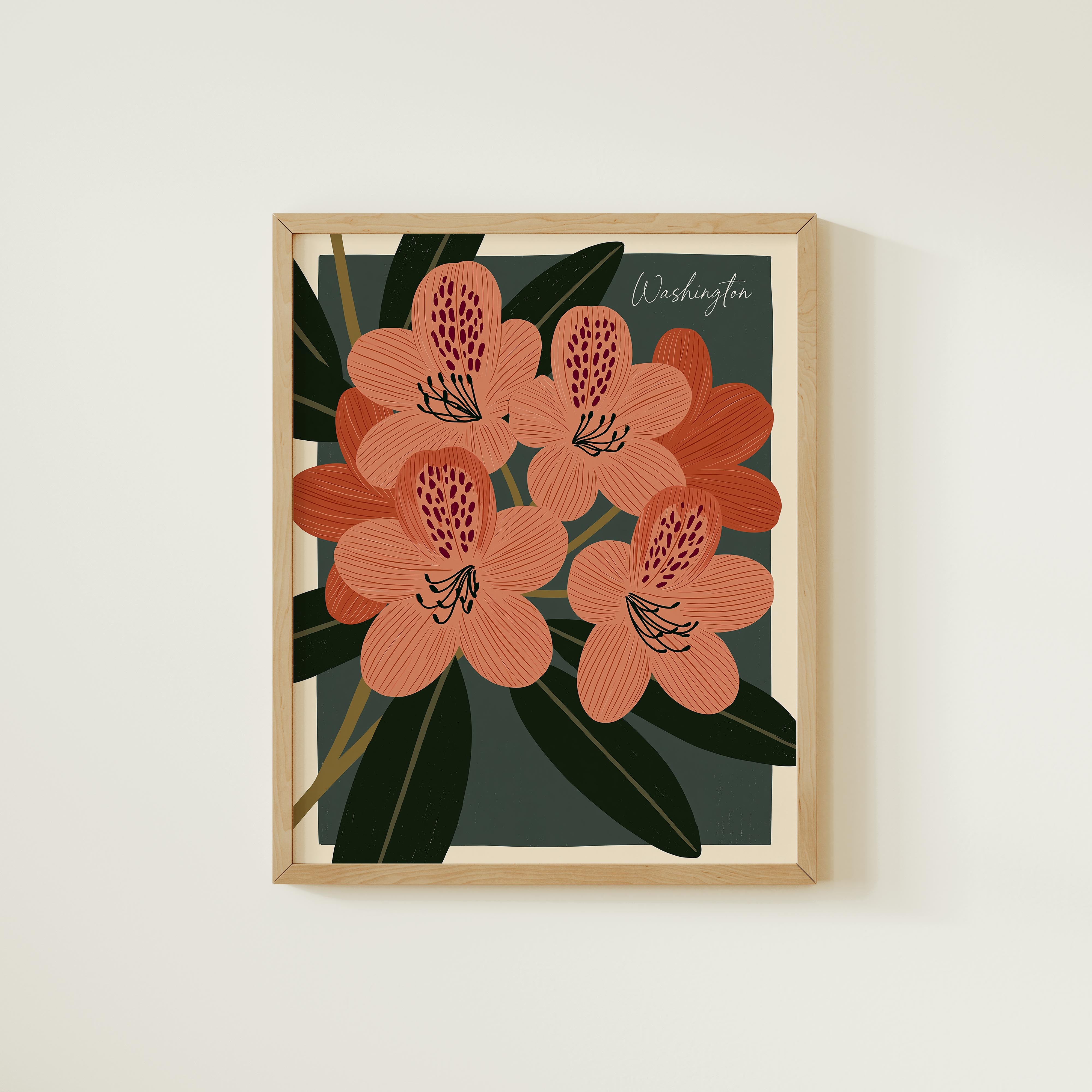 a framed illustration of a cluster of pink flowers with green leaves, set against a dark green background.