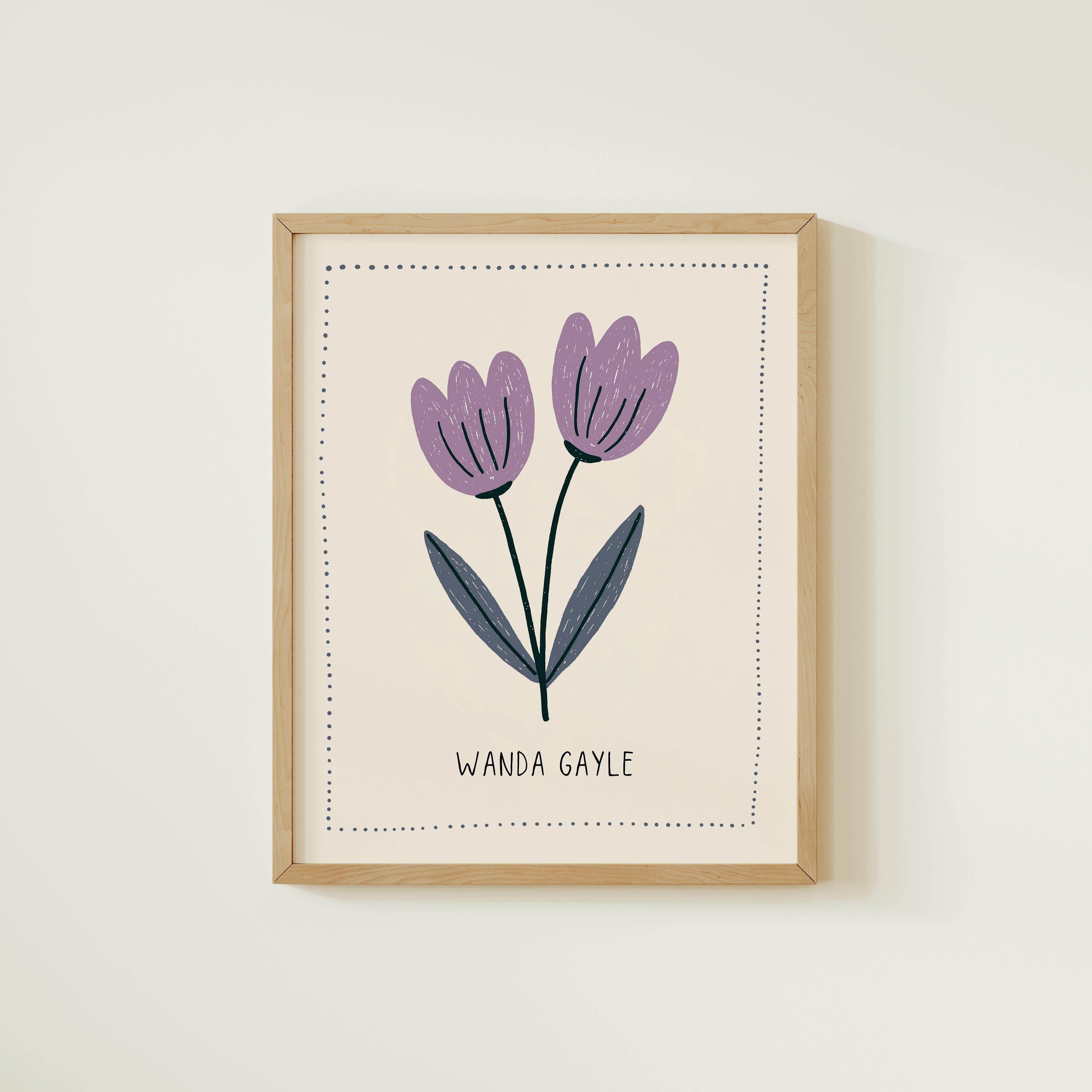 The image is a framed print featuring a stylized illustration of two purple flowers with green stems.