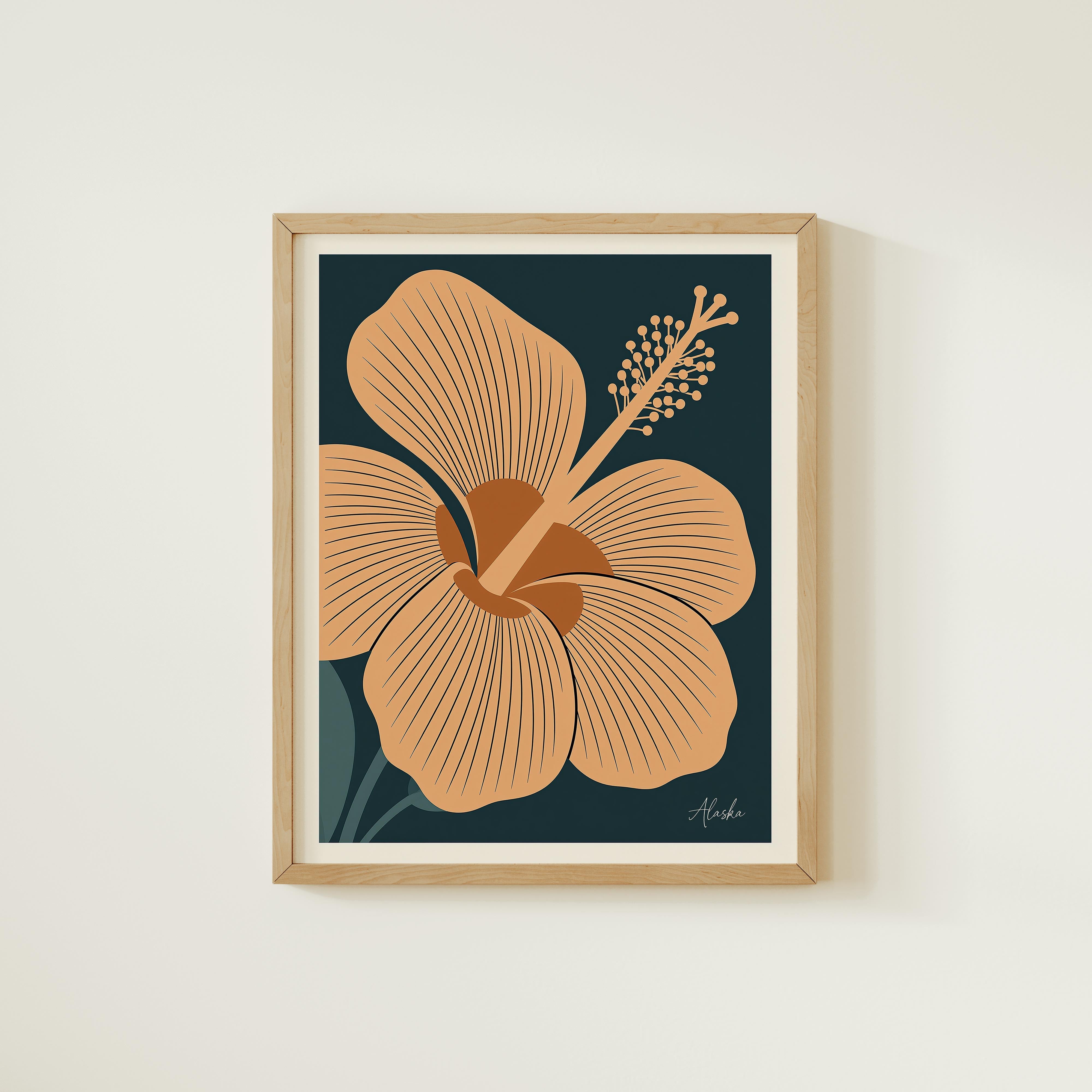 a framed print of a stylized hibiscus flower with a dark background.