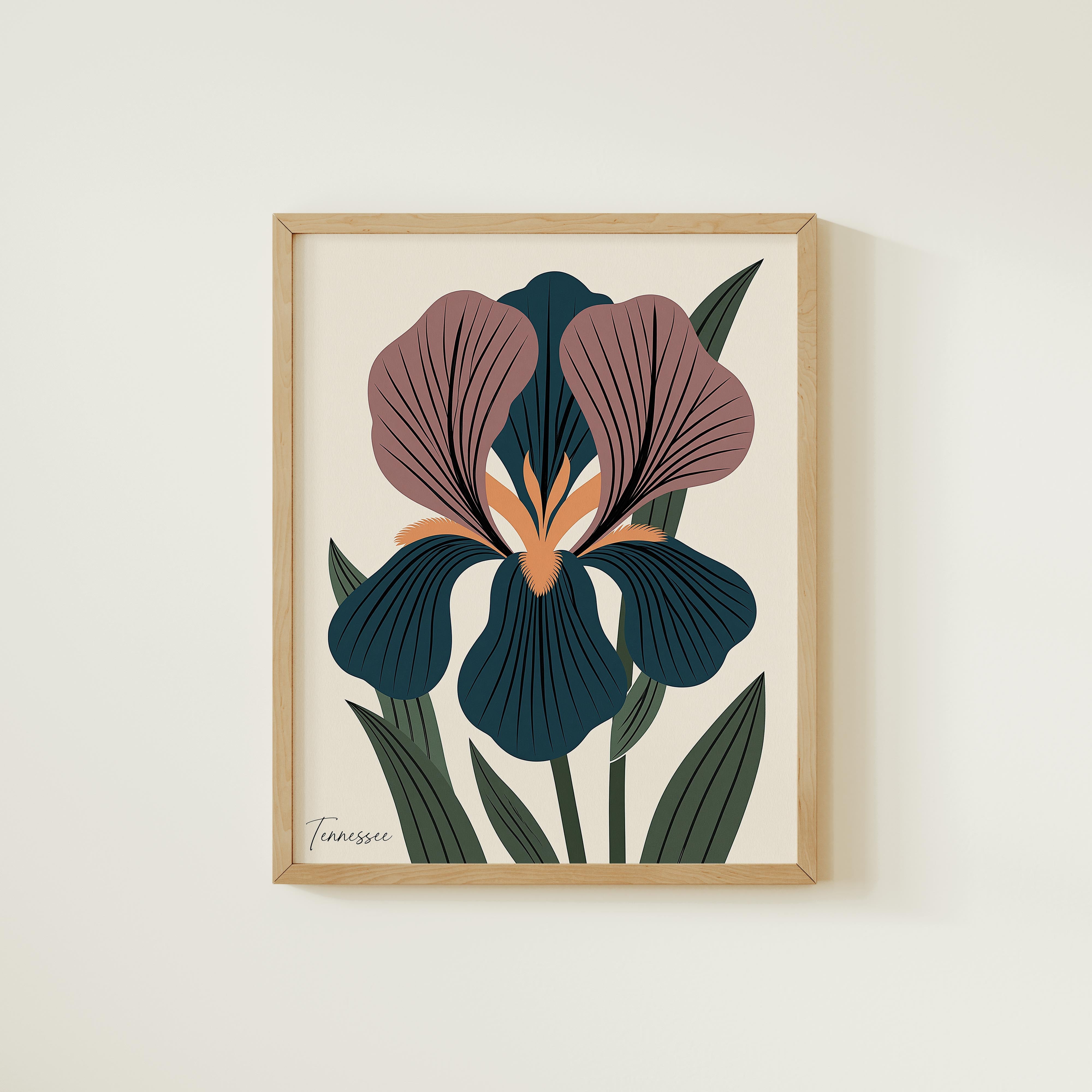 The image is a framed print of a stylized illustration of a colorful iris flower with green leaves.