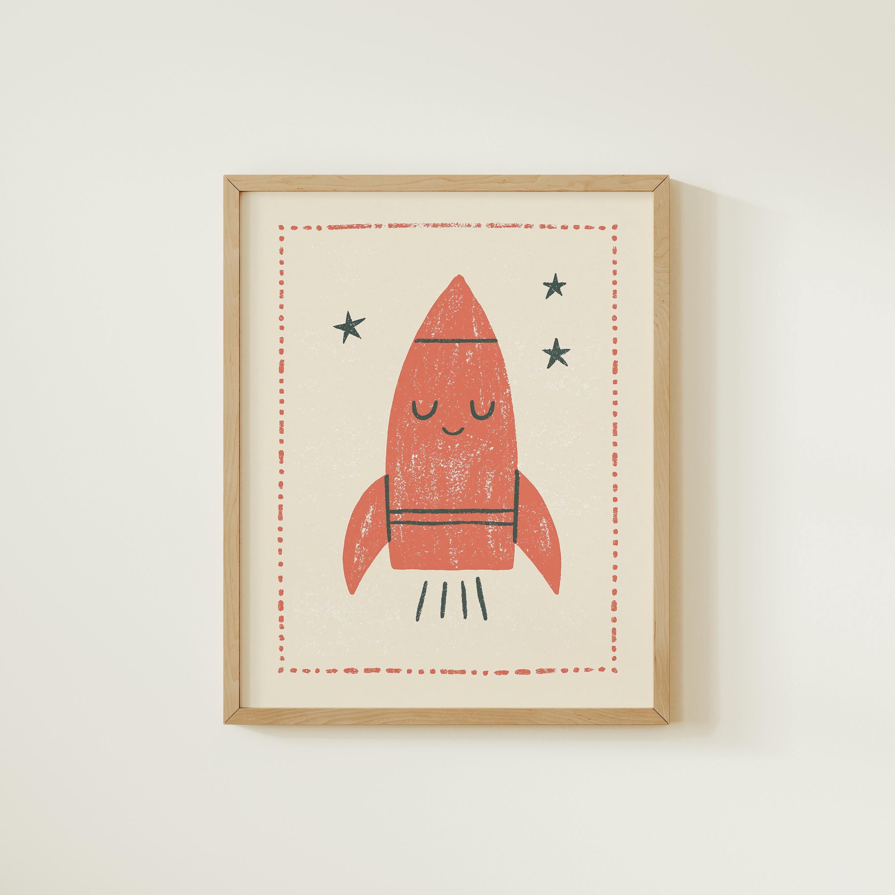 Coral Rocket Ship Nursery Print