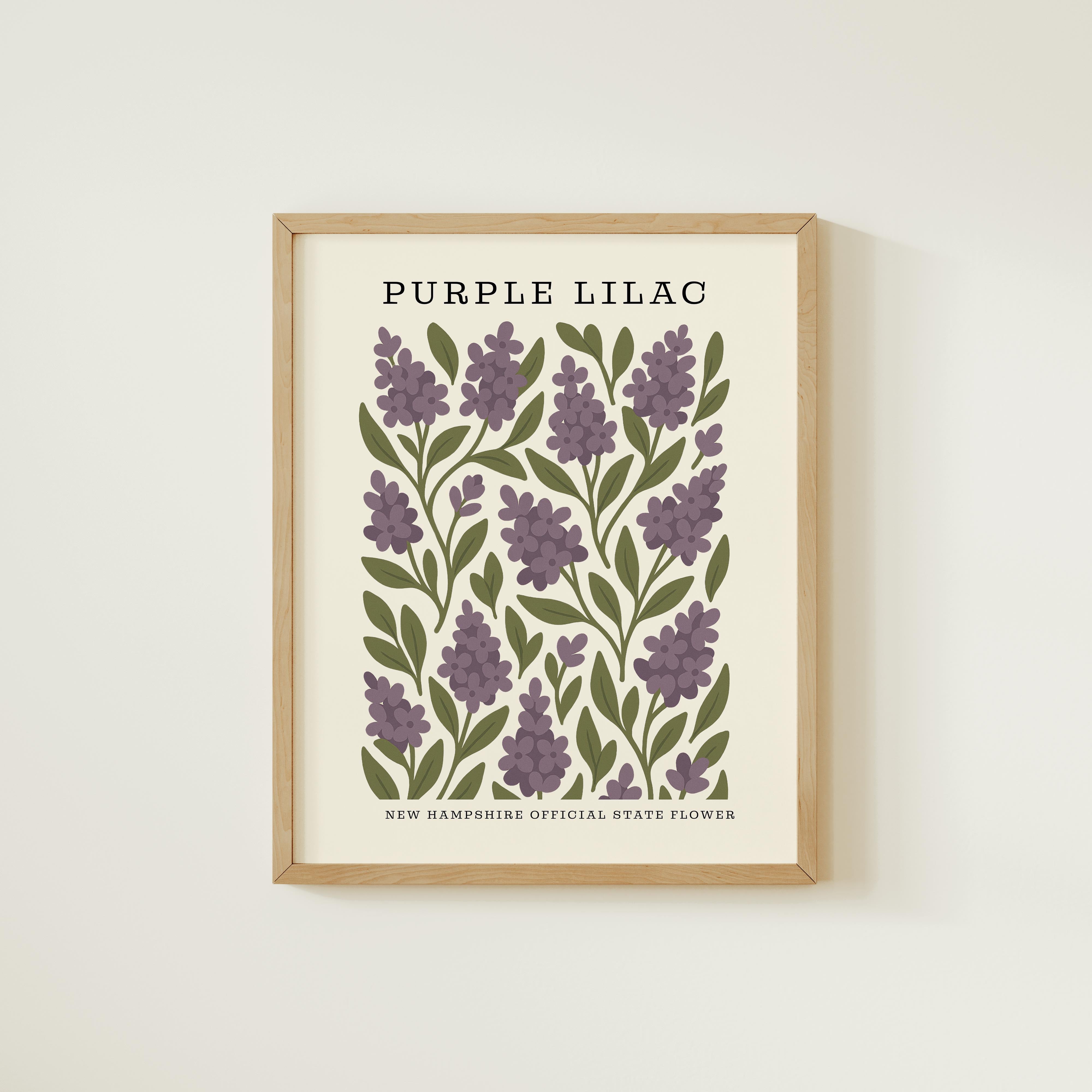 The image is a framed print featuring a repeating pattern of purple lilac flowers and green leaves.
