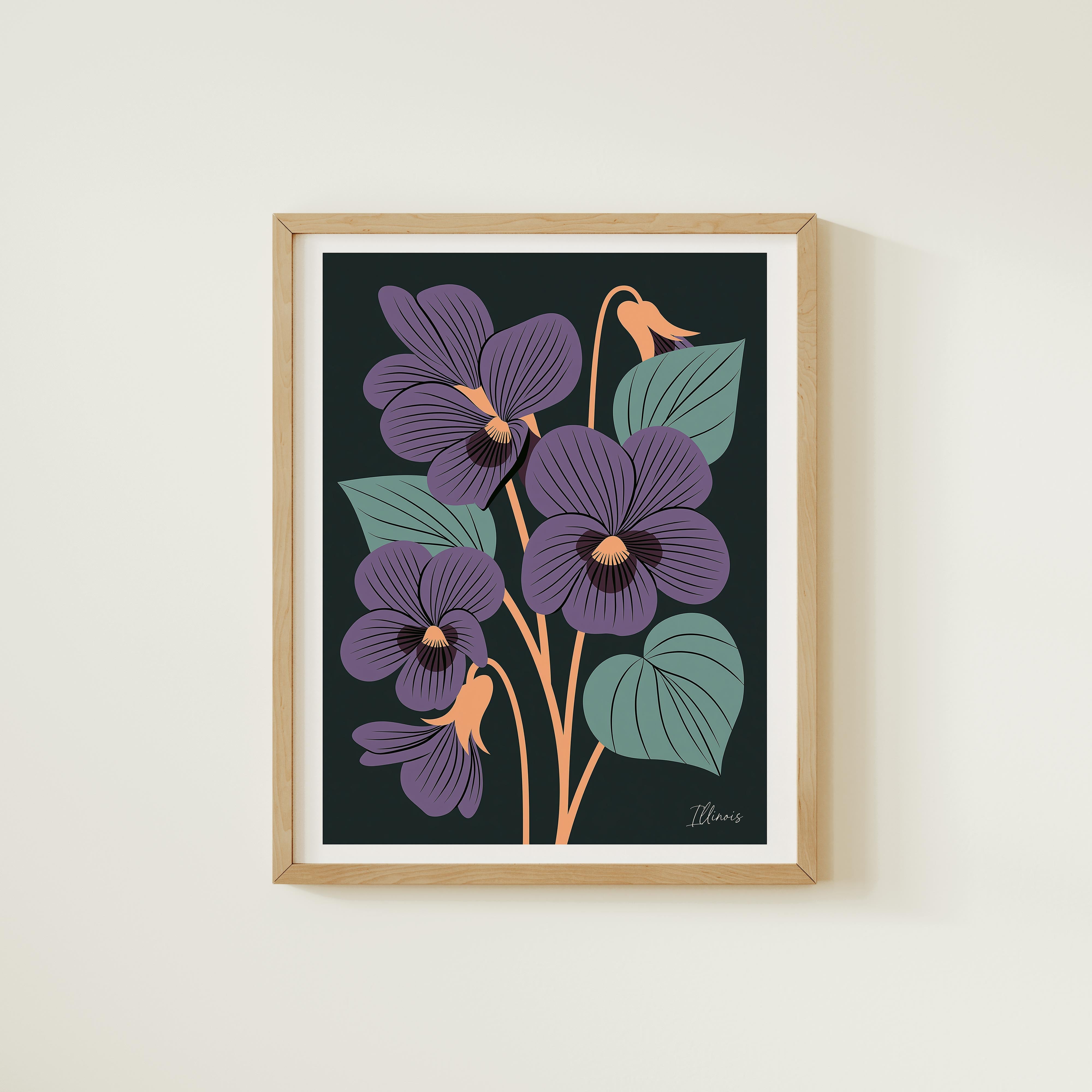 The image is a framed print featuring a stylized illustration of purple flowers with green leaves against a dark background.