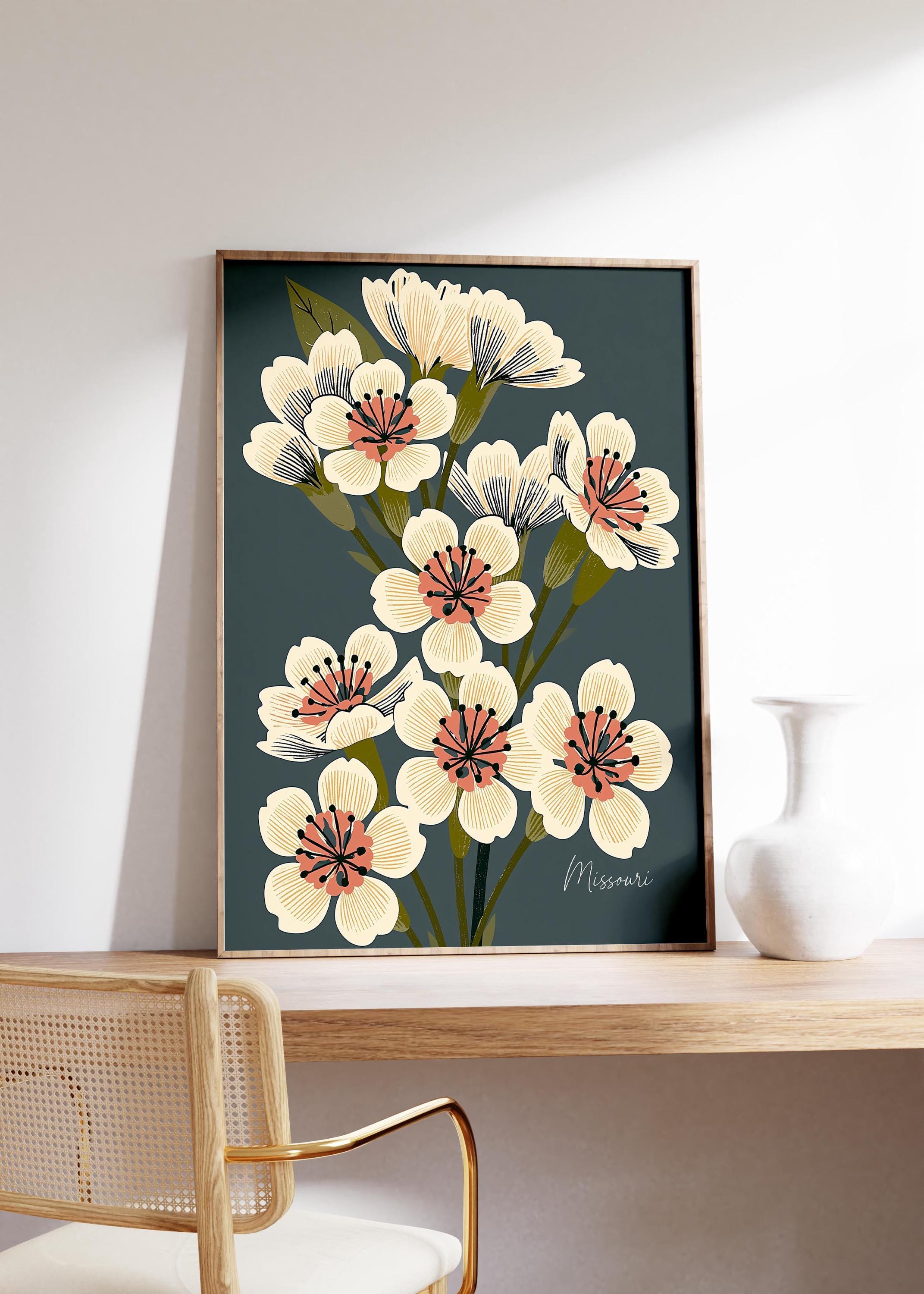Missouri state flower art print, white hawthorn blossom