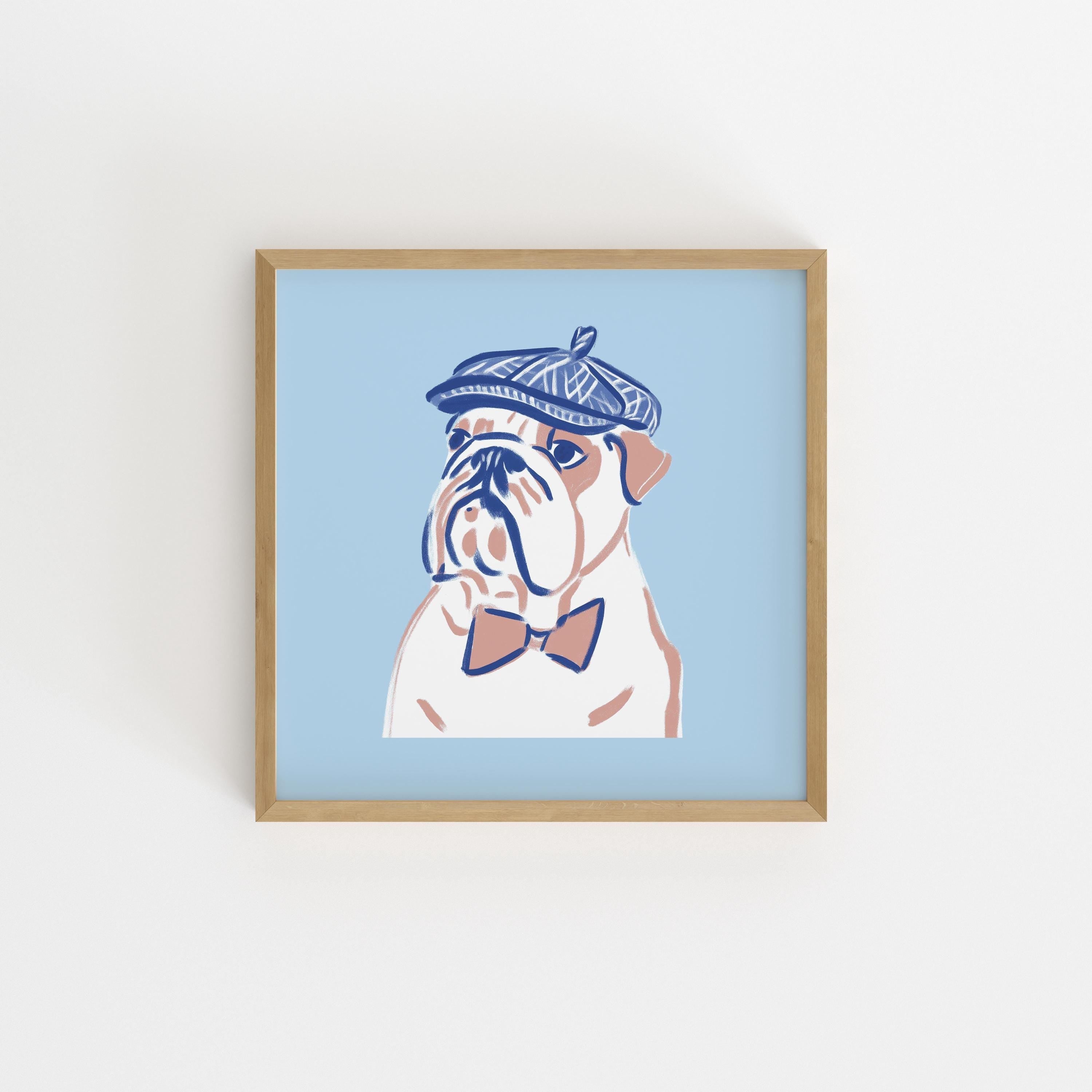 Bulldog newsboy cap art print
