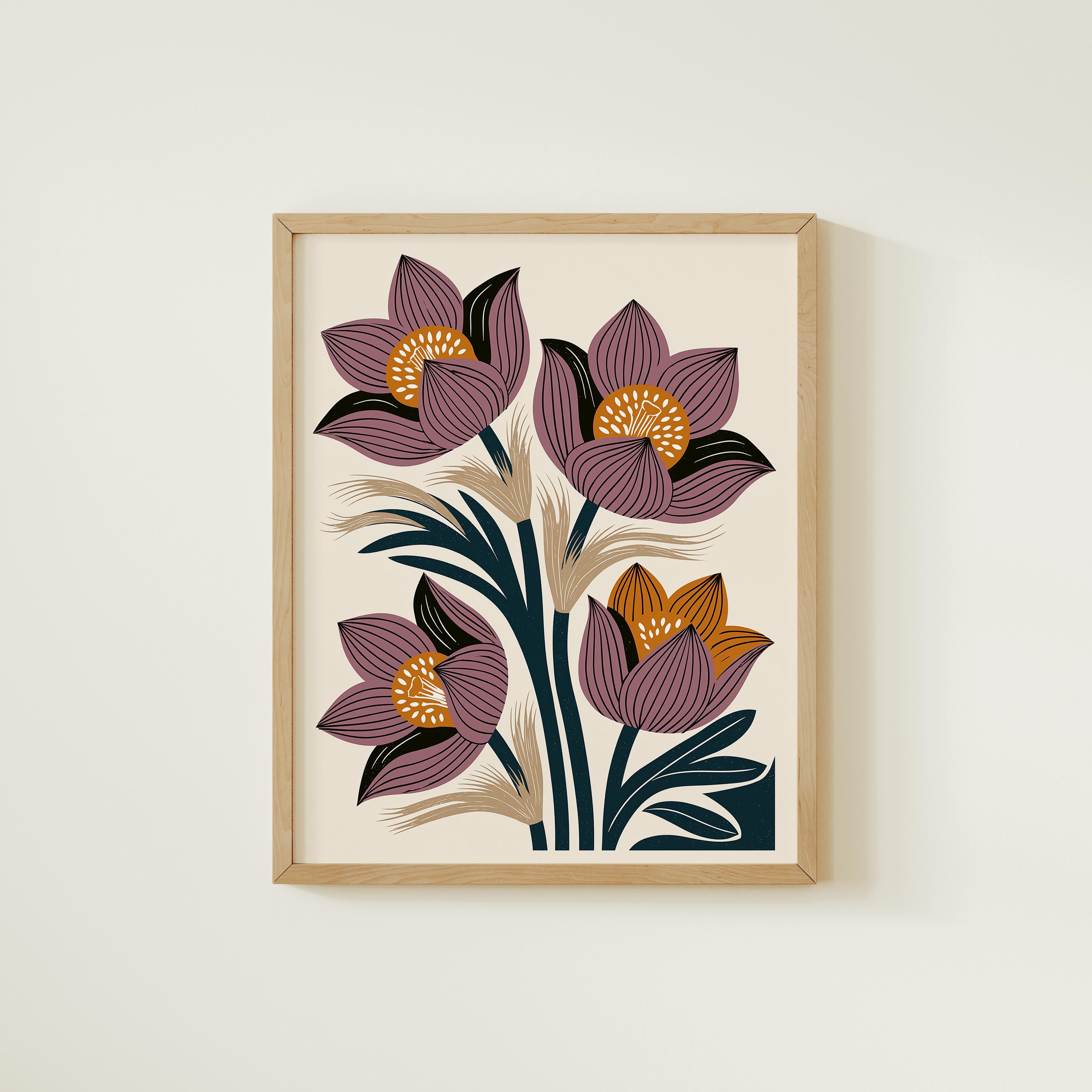 The image is a framed print featuring a stylized floral design with purple and orange flowers.