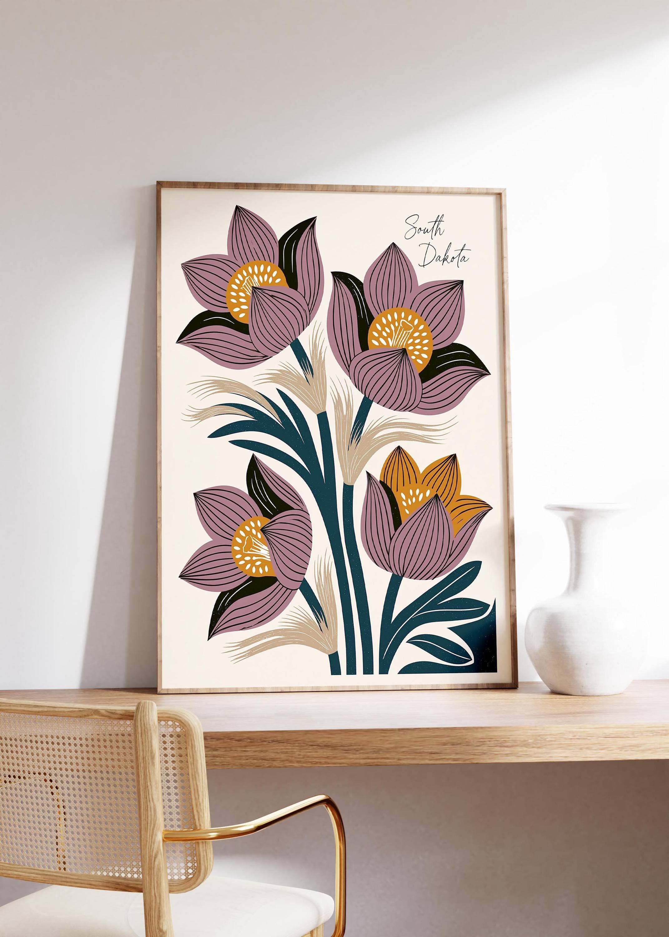 South Dakota state flower art print, pasque flower
