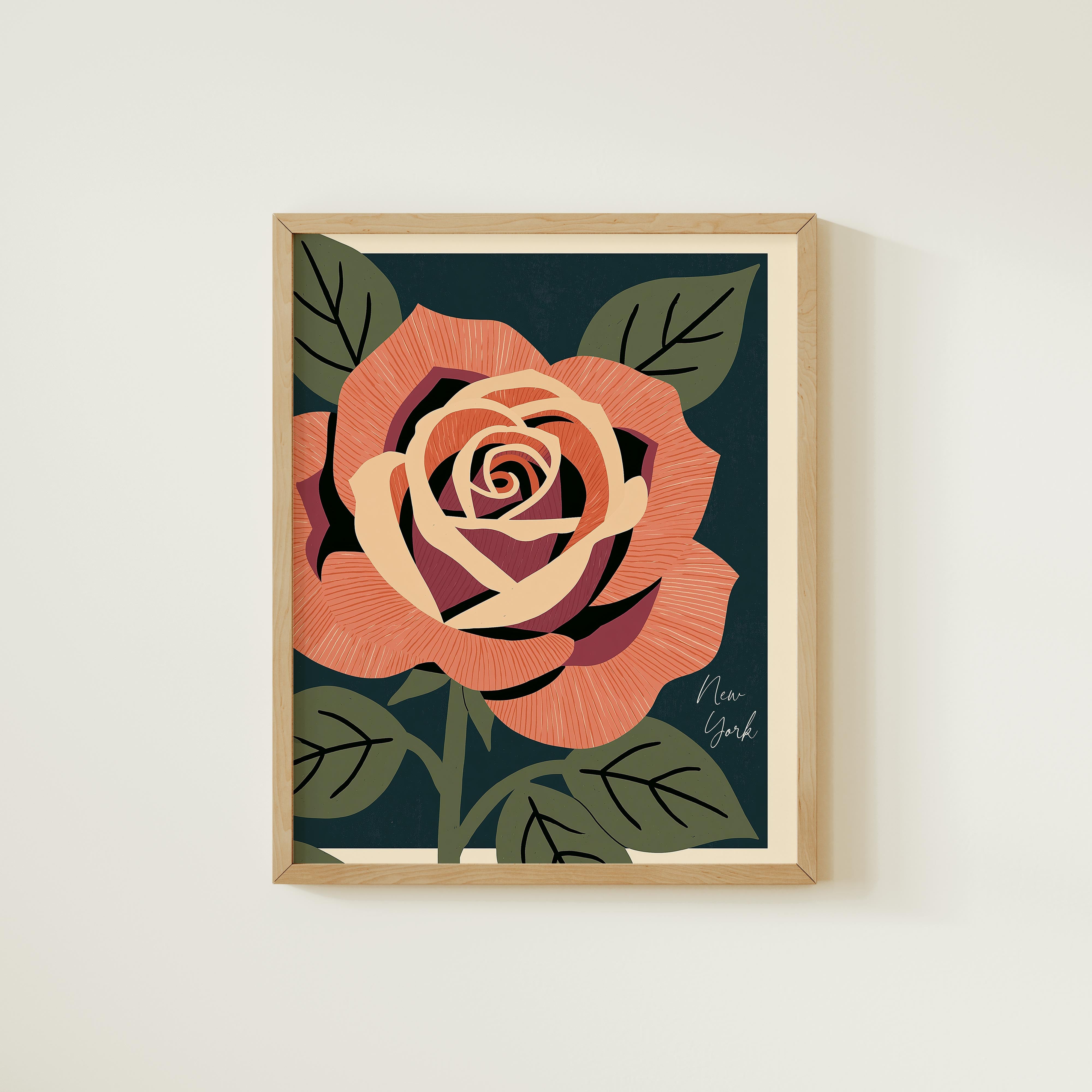 The image is a framed print of a large, colorful rose with green leaves.