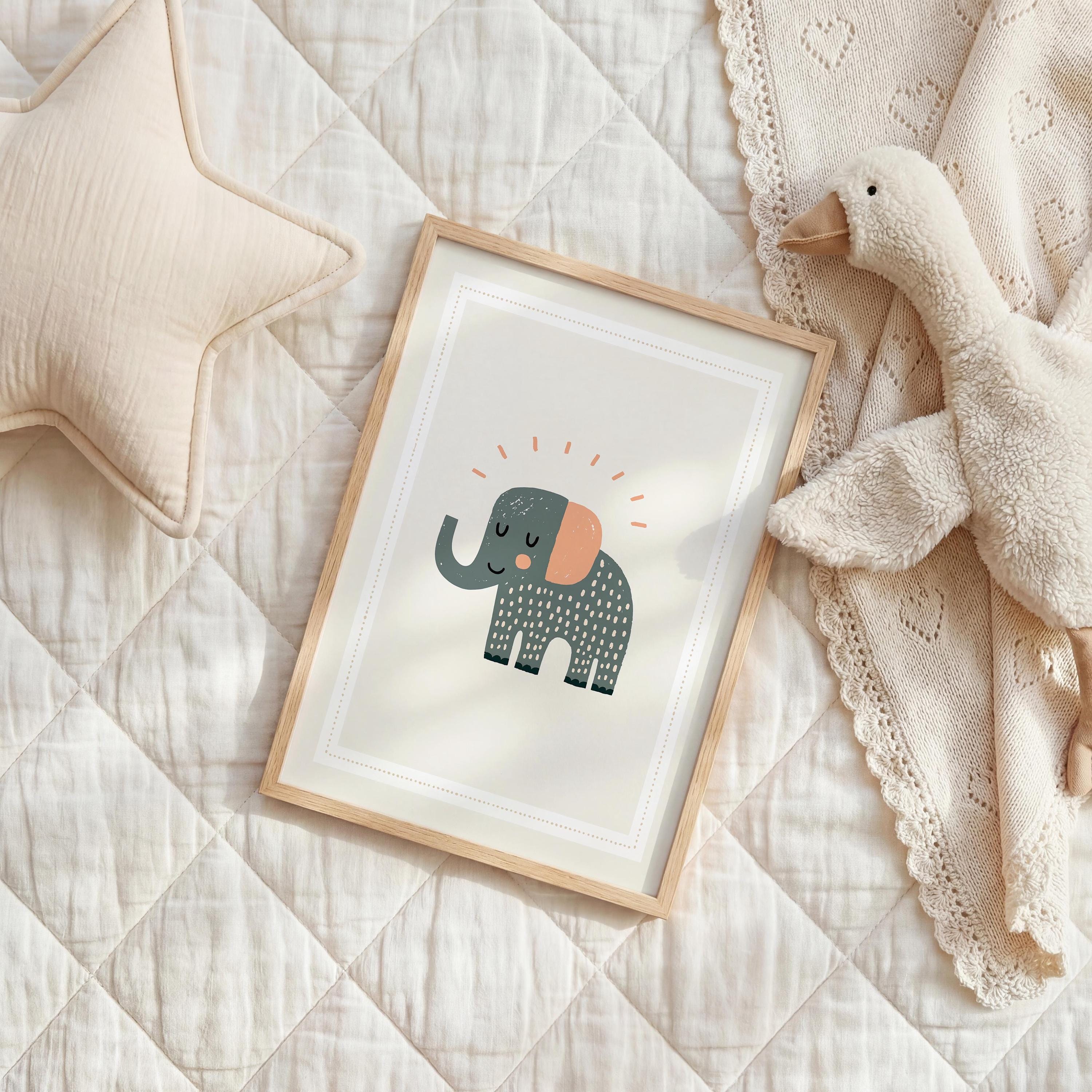 Grey elephant with sun nursery print