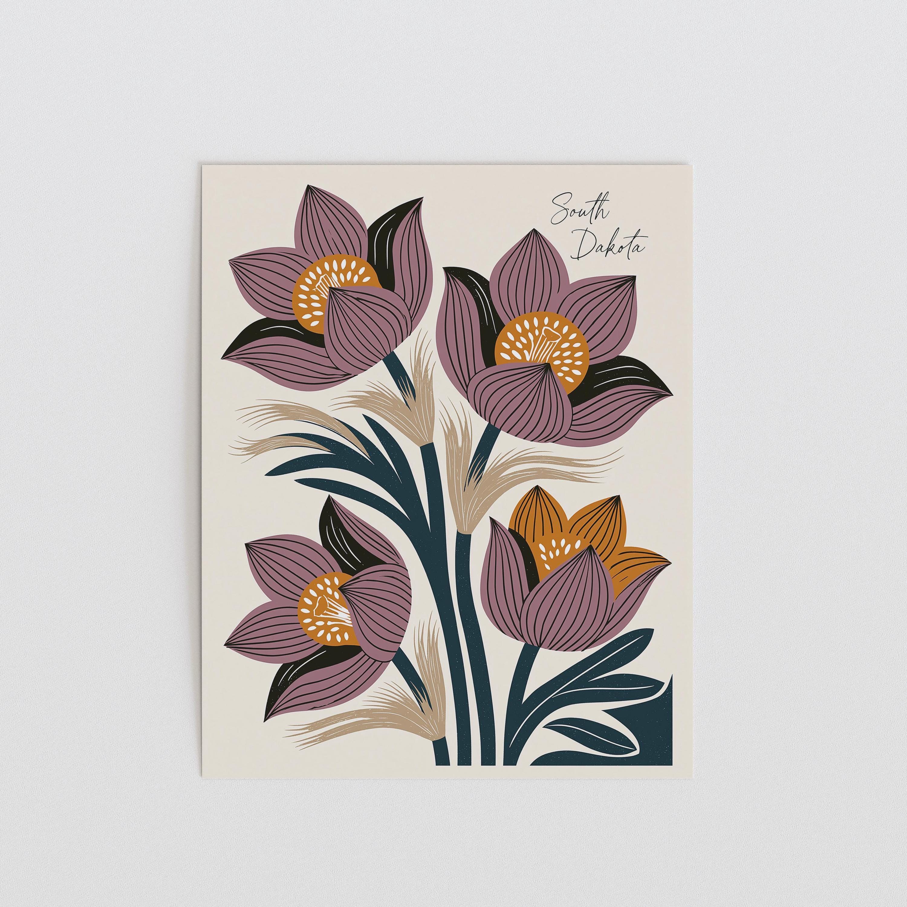 South Dakota state flower art print, pasque flower