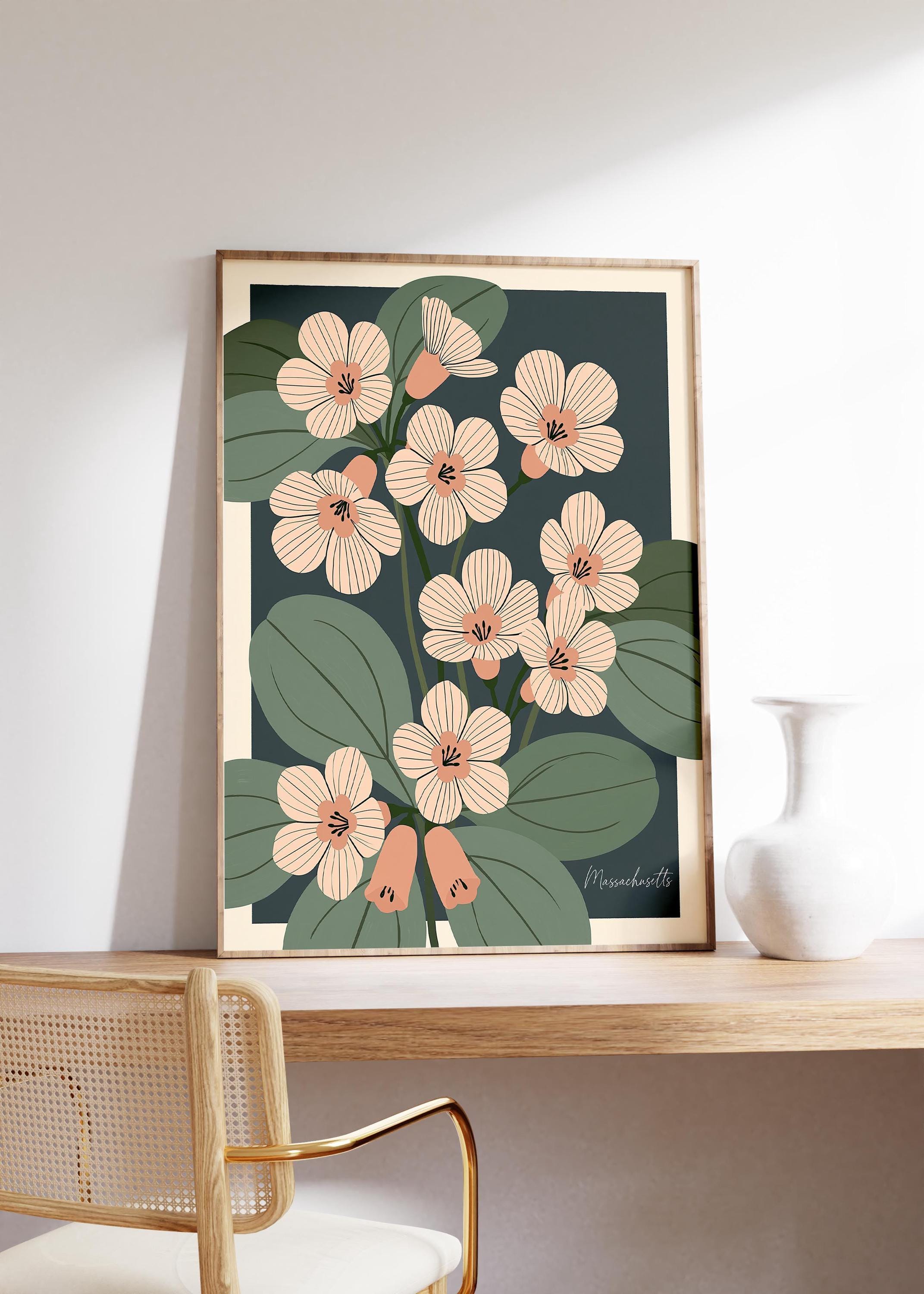 Massachusetts state flower art print, mayflower
