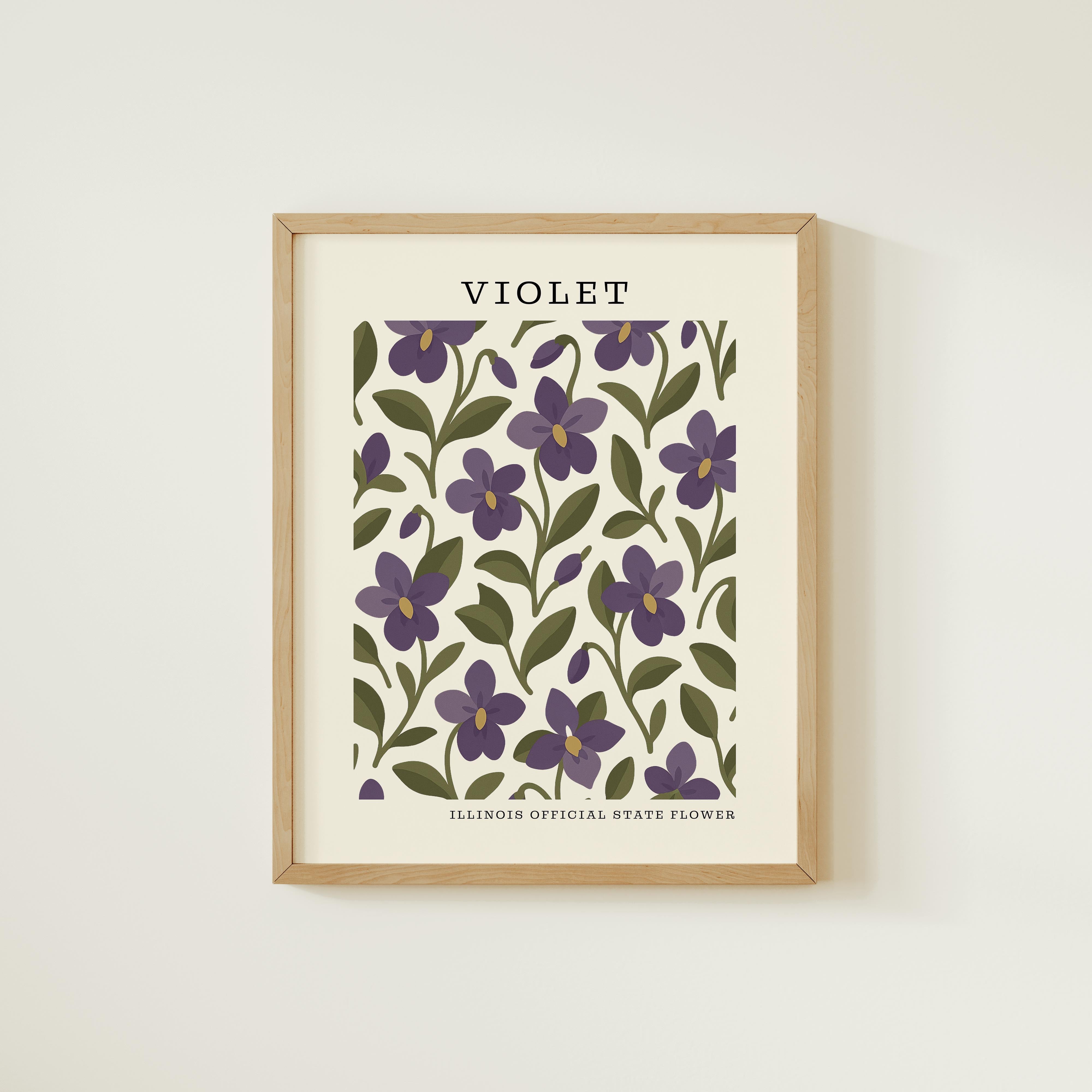 The image is a framed print featuring a repeating pattern of purple flowers with green leaves.
