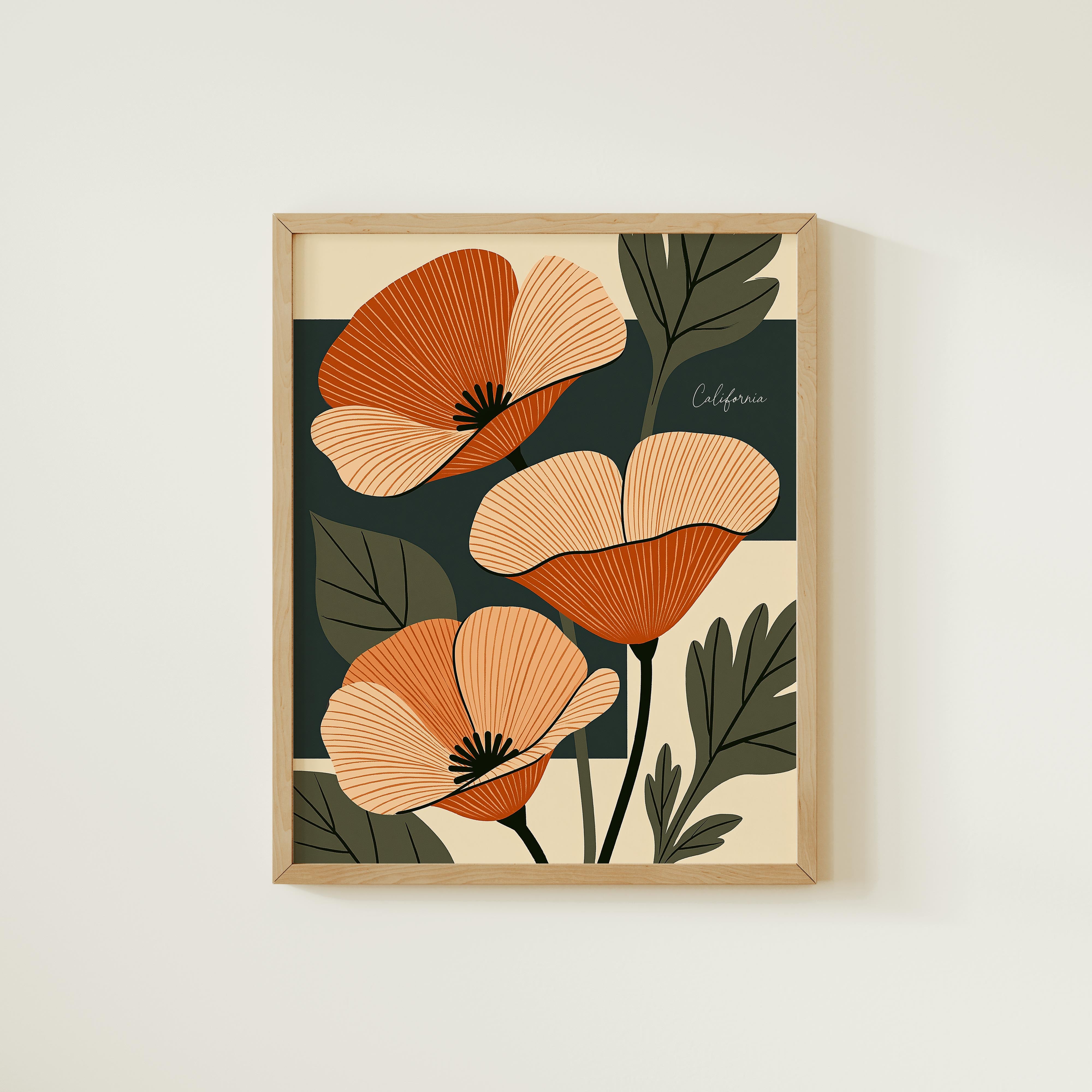 The image is a framed print featuring a stylized illustration of three orange flowers with green leaves.
