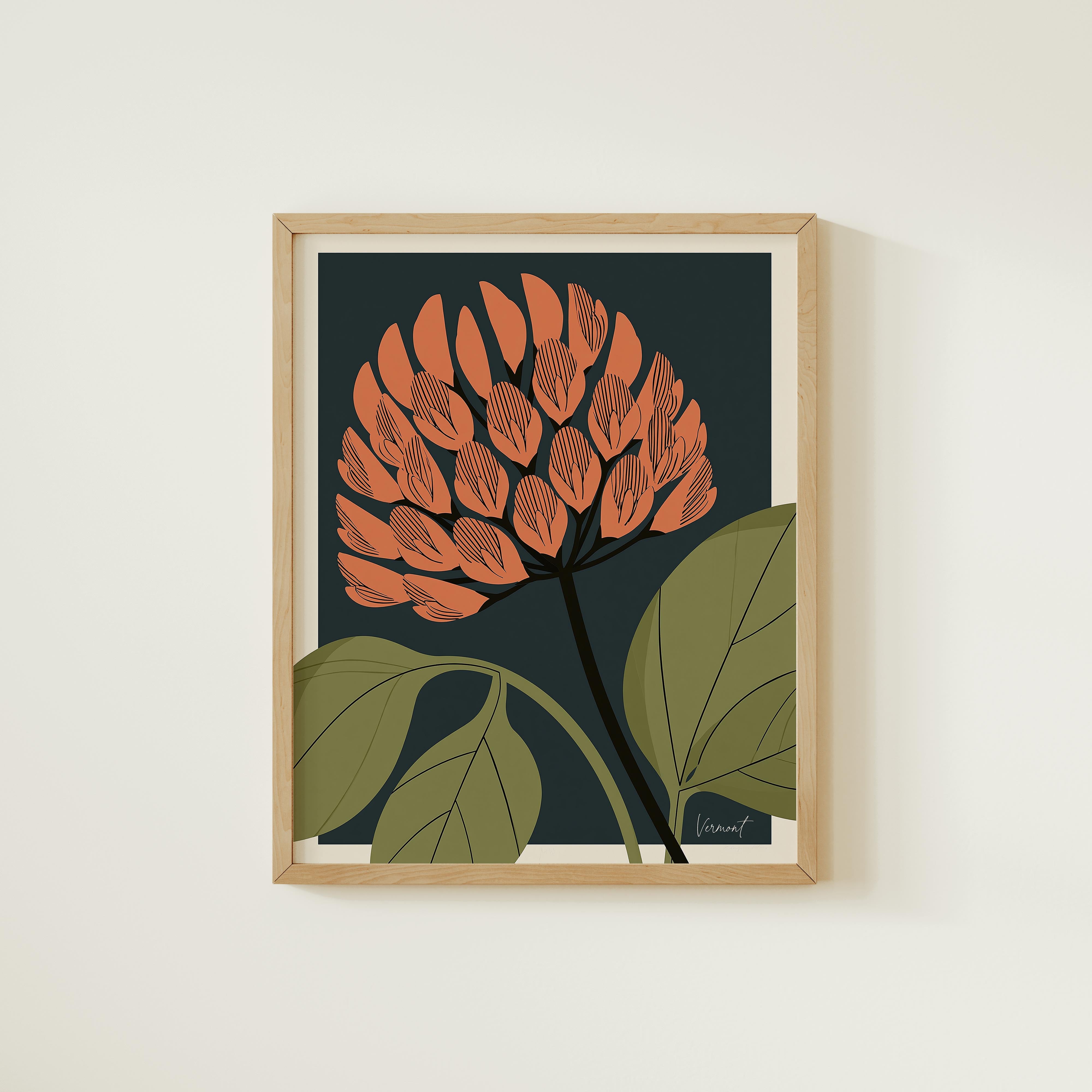 The image is a framed print depicting a stylized illustration of a flower with orange petals and green leaves.