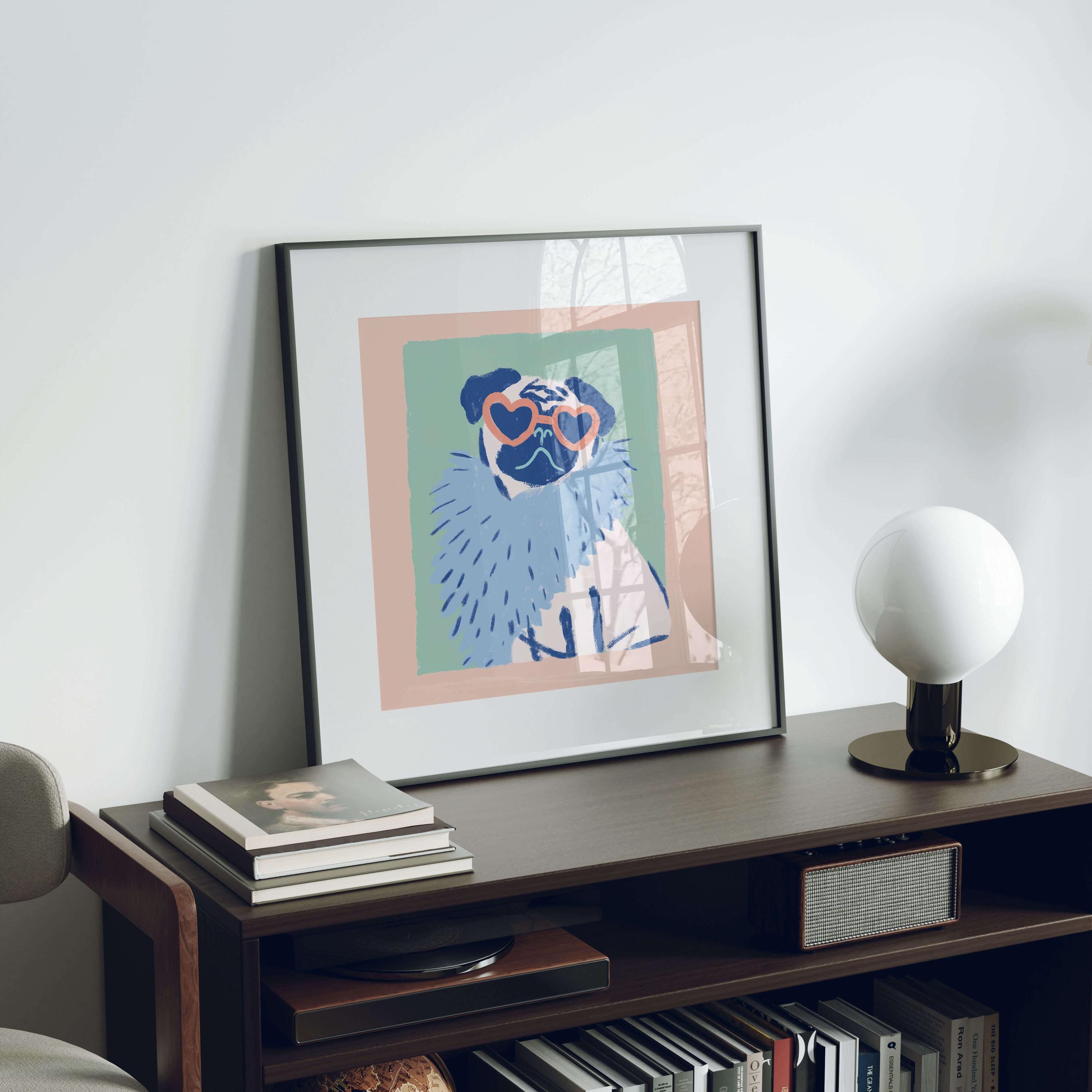 Pug heart sunglasses art print